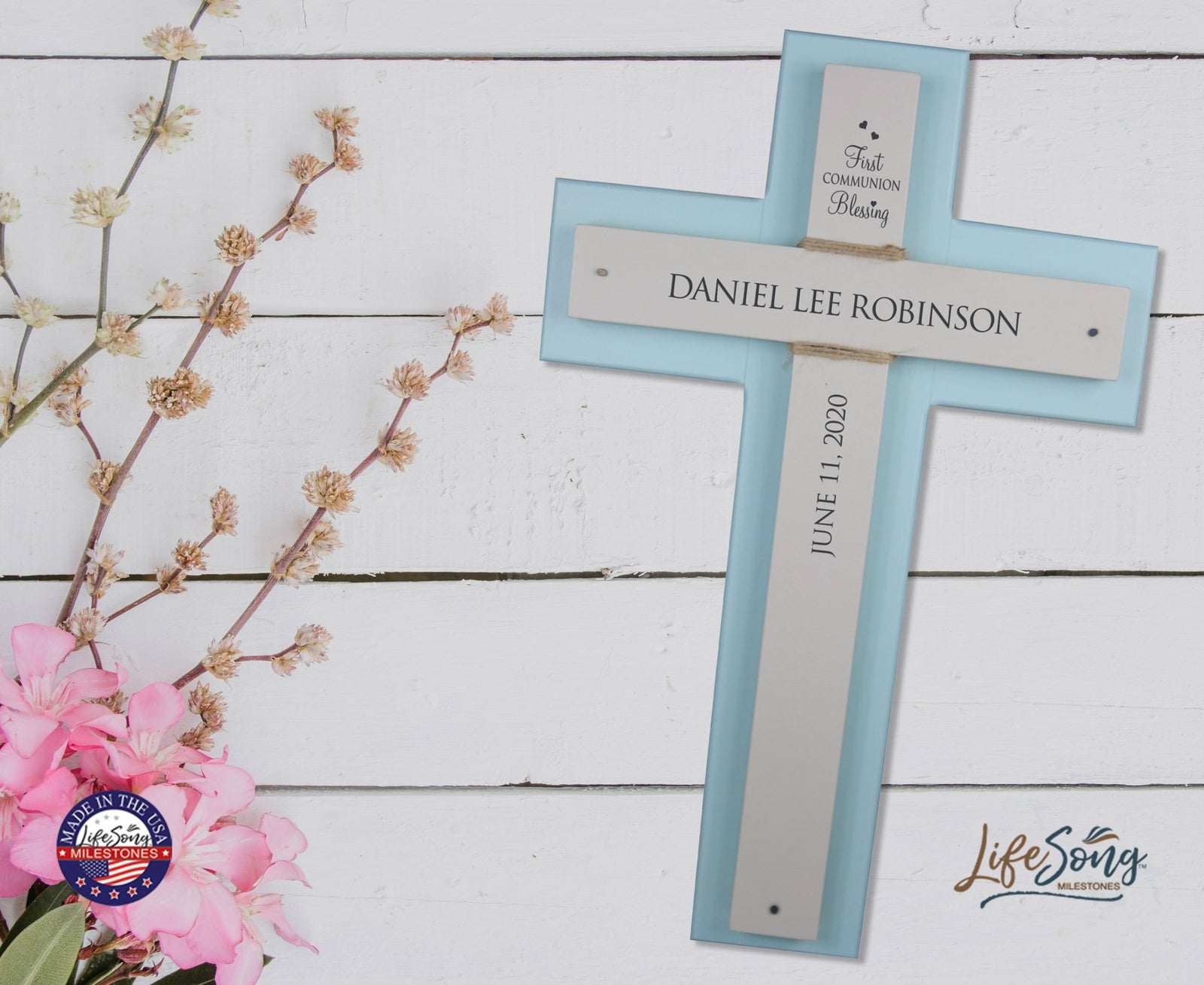Personalized Baptism Double Crosses Wall Decor - Blue - LifeSong Milestones