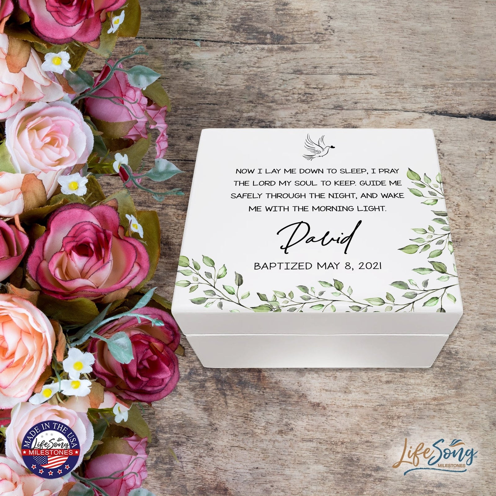 Personalized Baptism, First Holy Communion White Keepsake Box Gift for Godson - Lay Me Down 6x5.5in - LifeSong Milestones