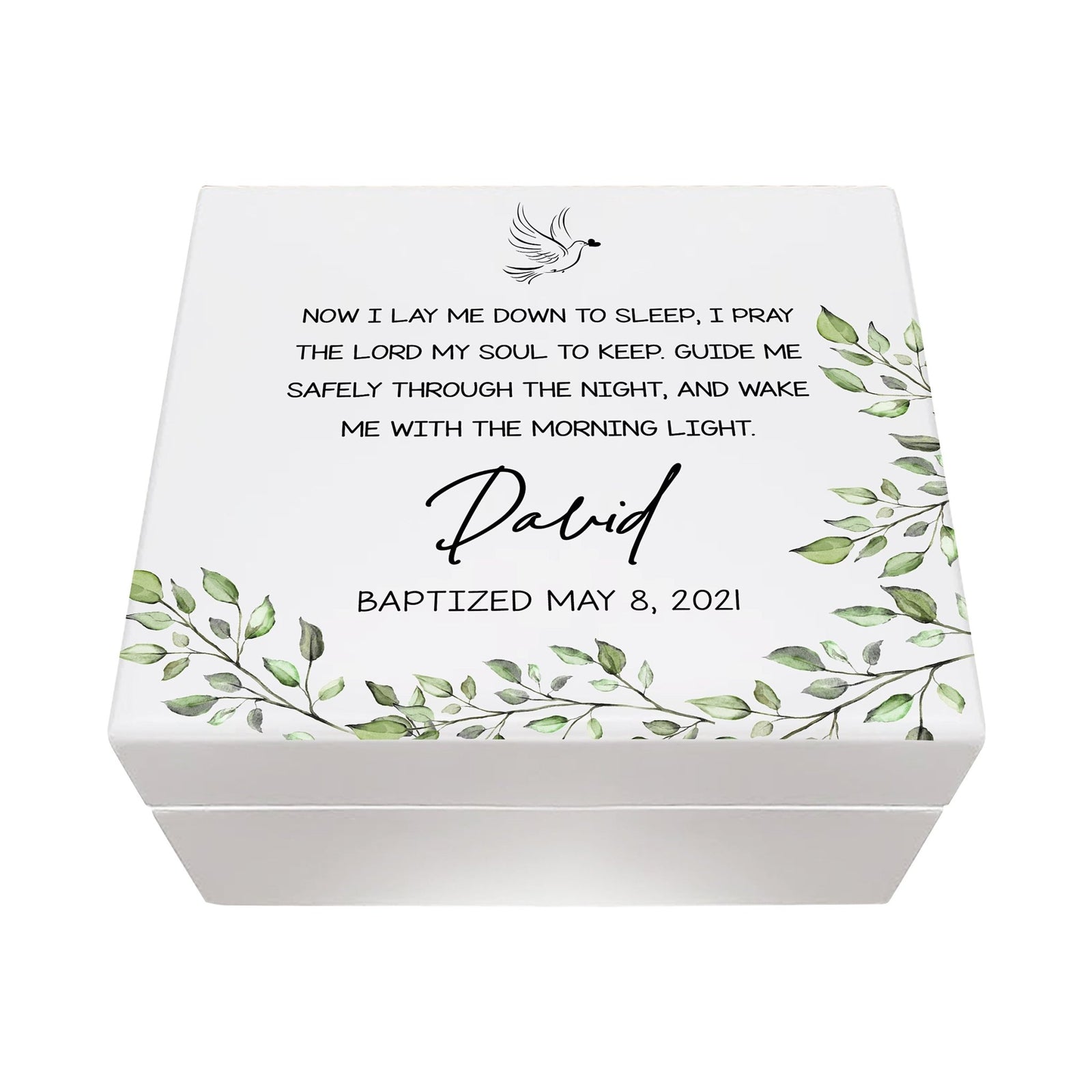 Personalized Baptism, First Holy Communion White Keepsake Box Gift for Godson - Lay Me Down 6x5.5in - LifeSong Milestones