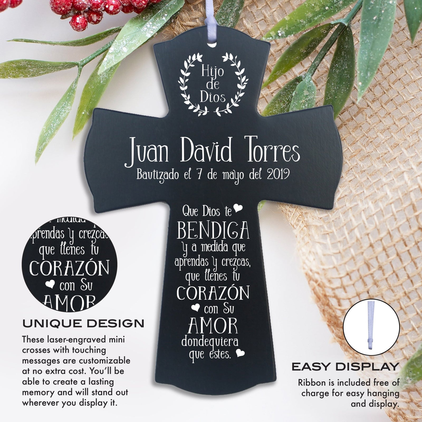 Personalized Baptism Mini Wall Cross Spanish Verse - May God Bless You - LifeSong Milestones