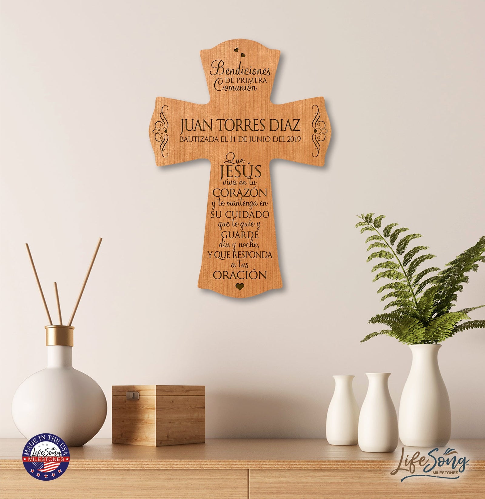 Personalized Baptism Wall Cross Spanish Verse - May Jesus Live Within 8”x11.5” - LifeSong Milestones