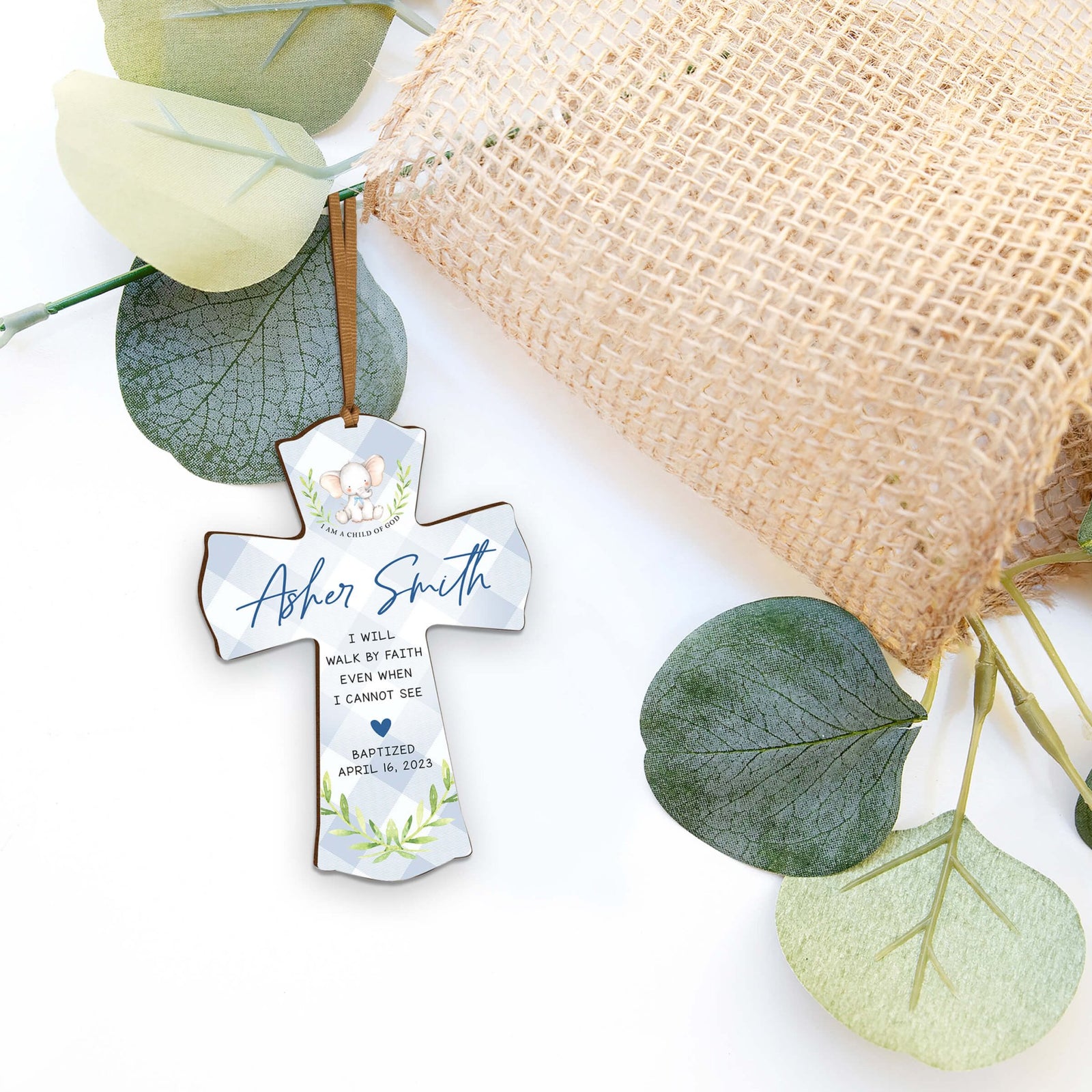 Personalized Baptism Wooden Mini Cross - I Will Walk By Faith - LifeSong Milestones