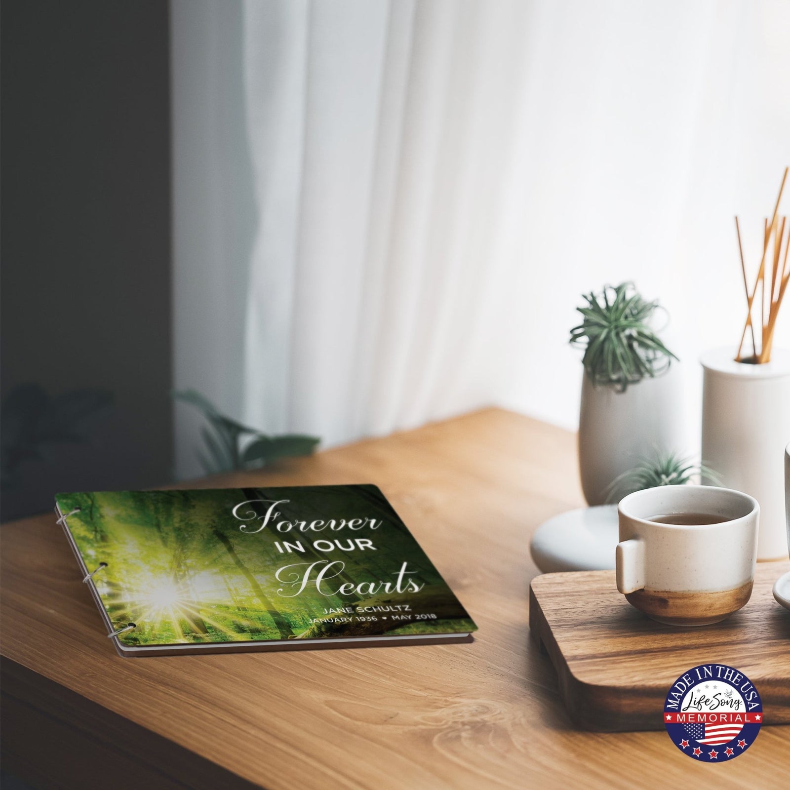 Personalized Celebration Of Life Funeral Guest Books For Memorial Services Registry With Wooden Cover - Forever In Our Hearts - LifeSong Milestones