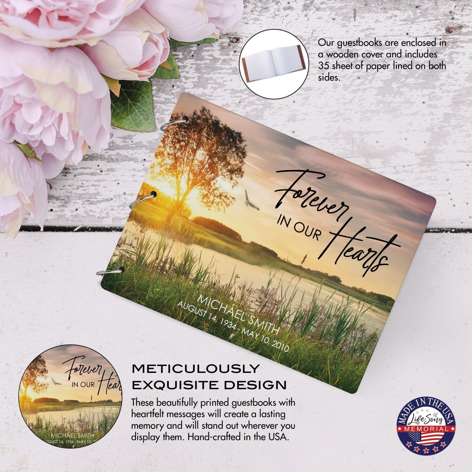 Personalized Celebration Of Life Funeral Guest Books For Memorial Services Registry With Wooden Cover - Forever In Our Hearts - LifeSong Milestones