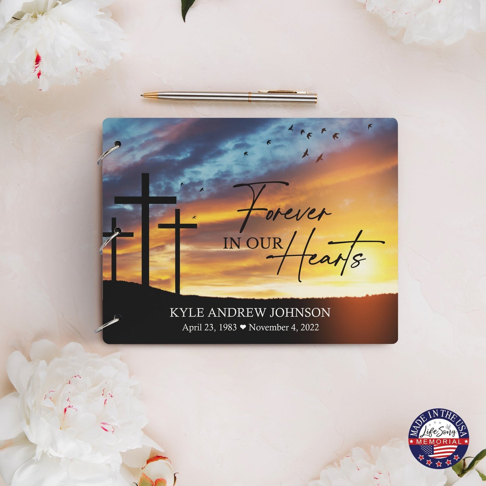 Personalized Celebration Of Life Funeral Guest Books For Memorial Services Registry With Wooden Cover - Forever In Our Hearts - LifeSong Milestones