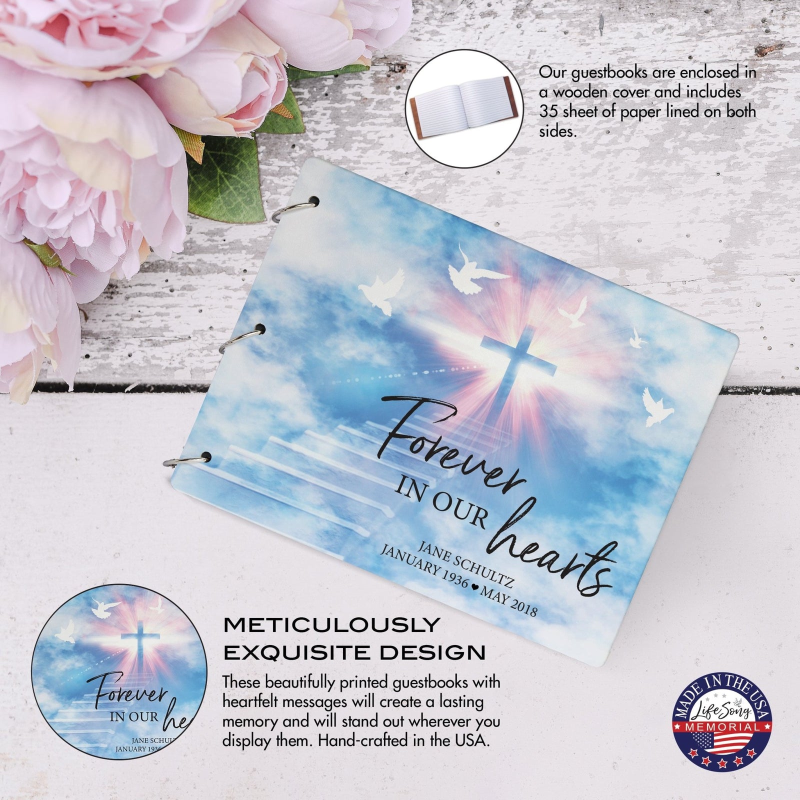 Personalized Celebration Of Life Funeral Guest Books For Memorial Services Registry With Wooden Cover - Forever In Our Hearts - LifeSong Milestones