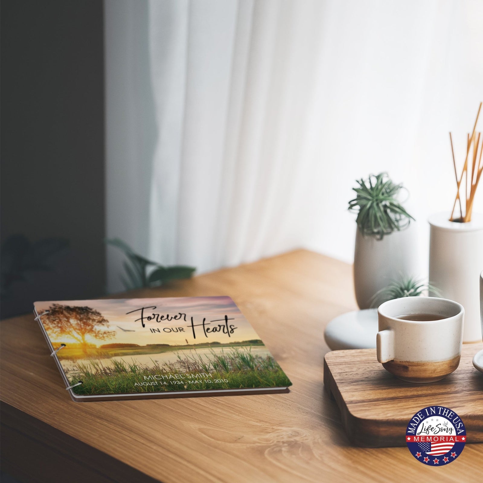 Personalized Celebration Of Life Funeral Guest Books For Memorial Services Registry With Wooden Cover - Forever In Our Hearts - LifeSong Milestones