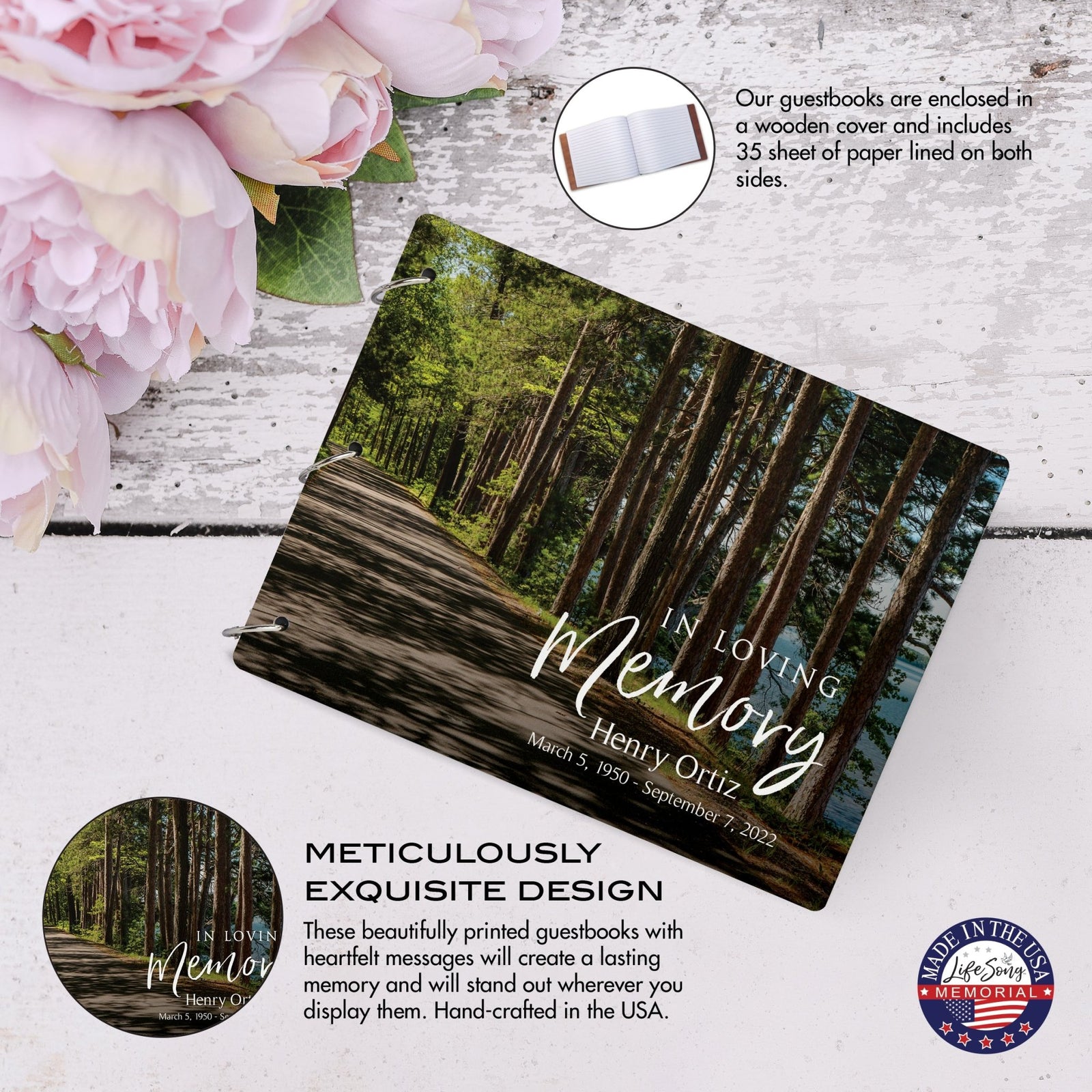 Personalized Celebration Of Life Funeral Guest Books For Memorial Services Registry With Wooden Cover - In Loving Memory - LifeSong Milestones