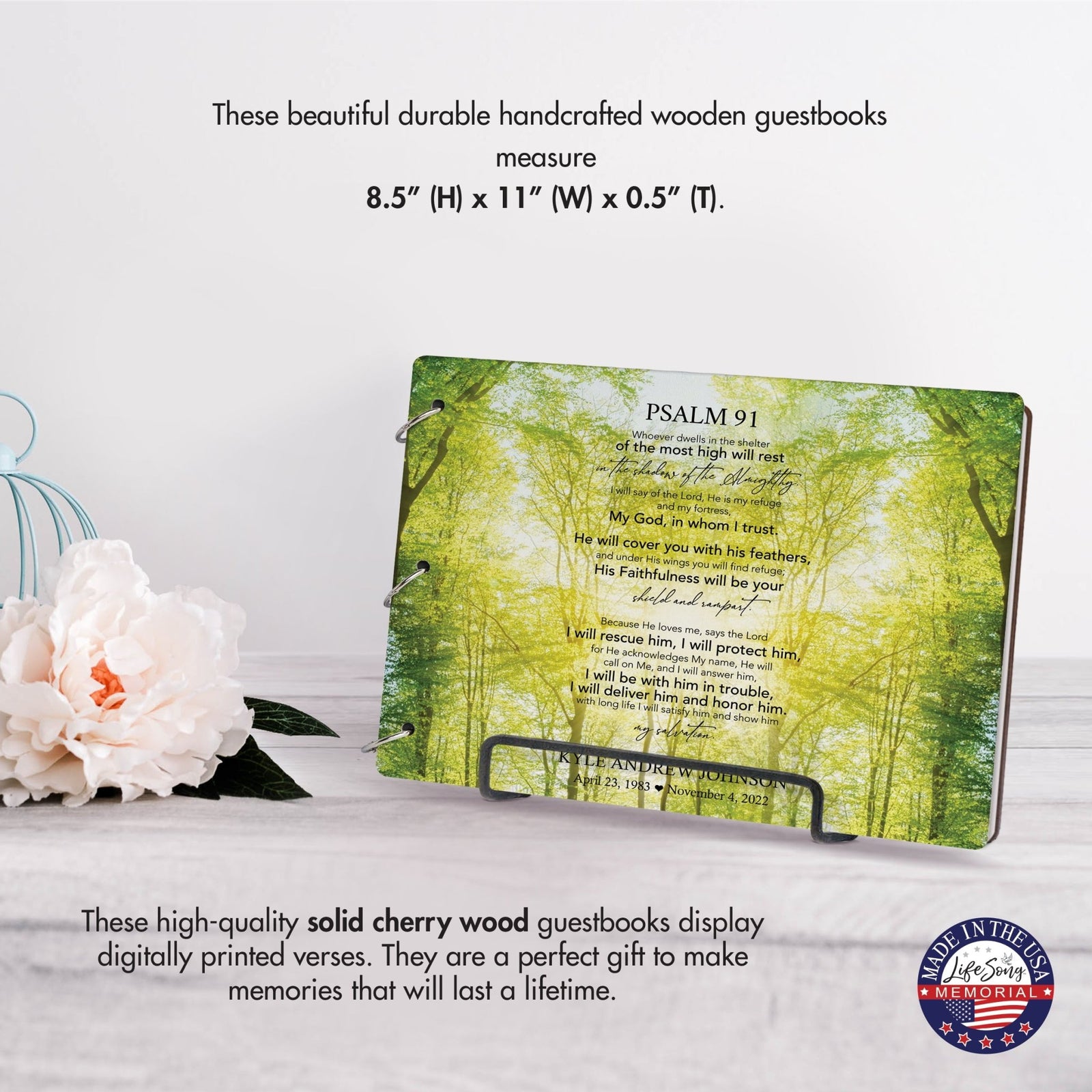 Personalized Celebration Of Life Funeral Guest Books For Memorial Services Registry With Wooden Cover - Psalm 91 - LifeSong Milestones