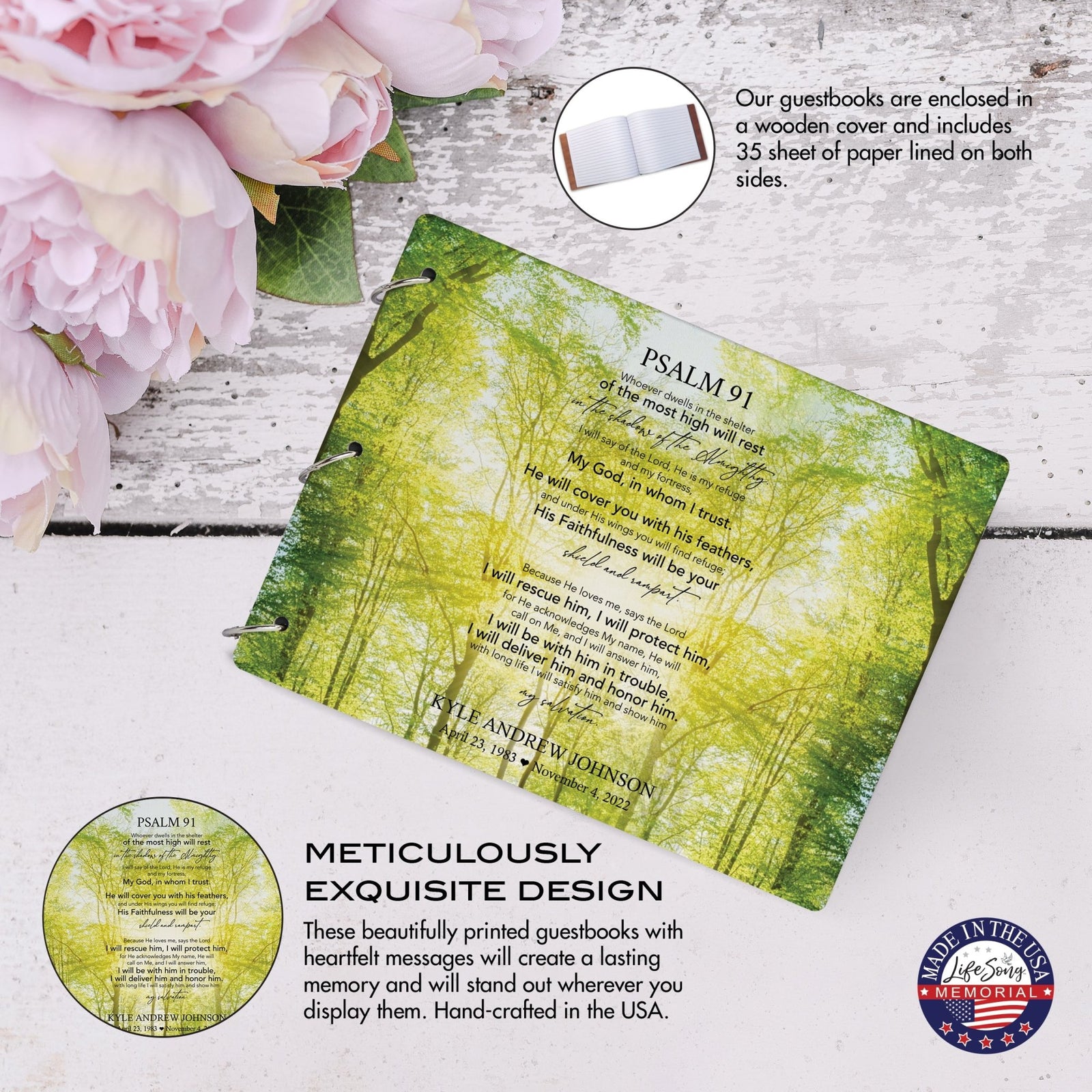 Personalized Celebration Of Life Funeral Guest Books For Memorial Services Registry With Wooden Cover - Psalm 91 - LifeSong Milestones