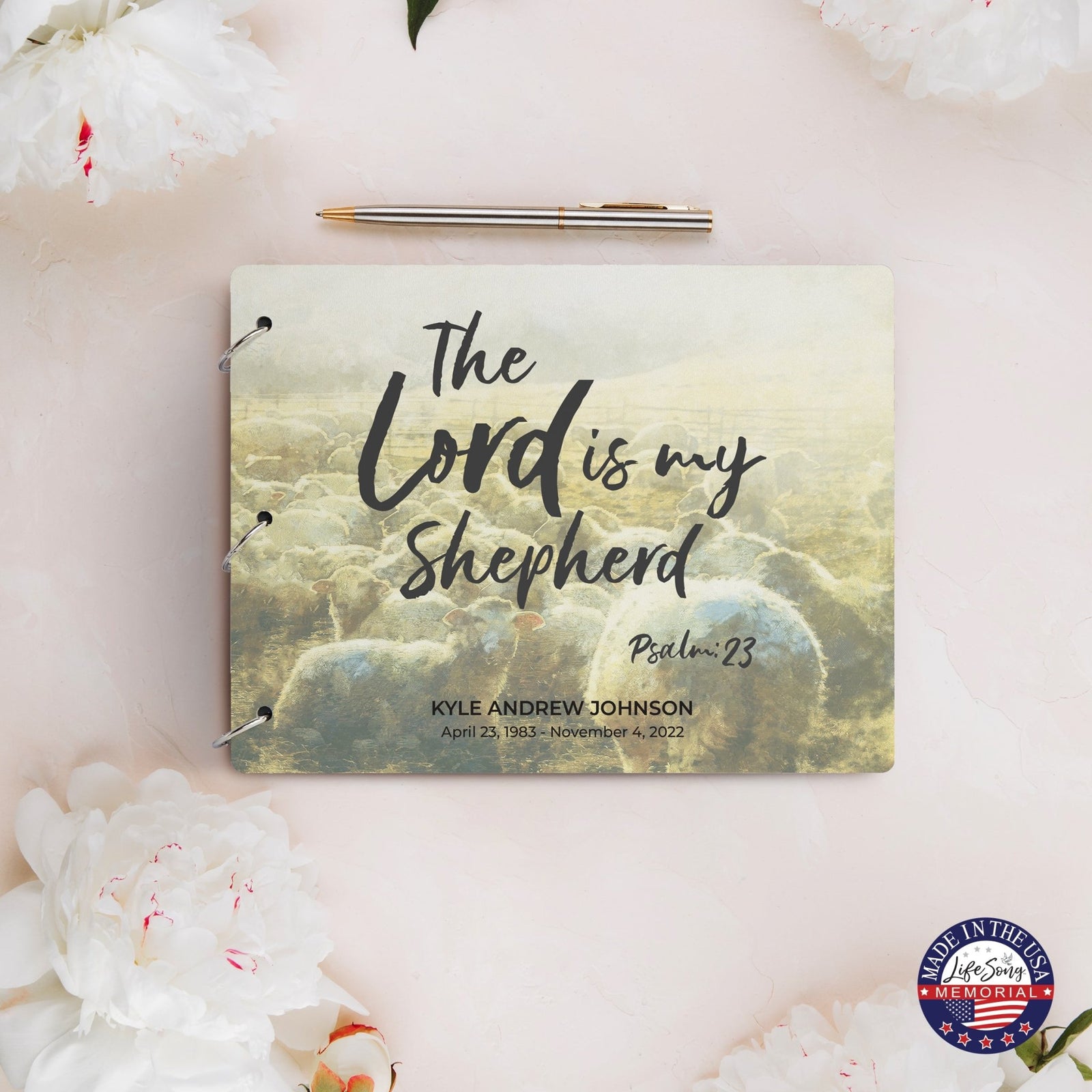 Personalized Celebration Of Life Funeral Guest Books For Memorial Services Registry With Wooden Cover - The Lord Is My Shepherd - LifeSong Milestones