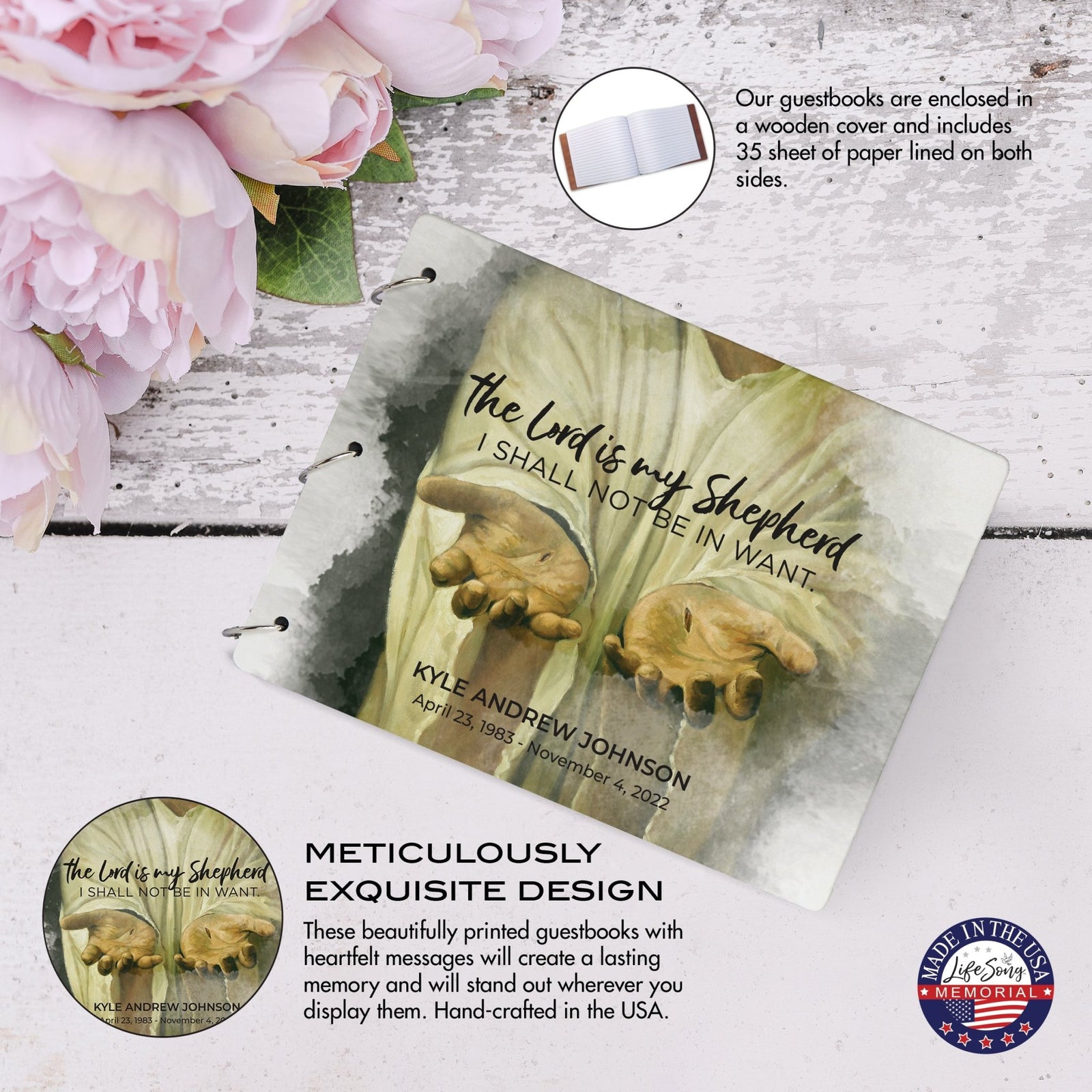 Personalized Celebration Of Life Funeral Guest Books For Memorial Services Registry With Wooden Cover - The Lord Is My Shepherd - LifeSong Milestones