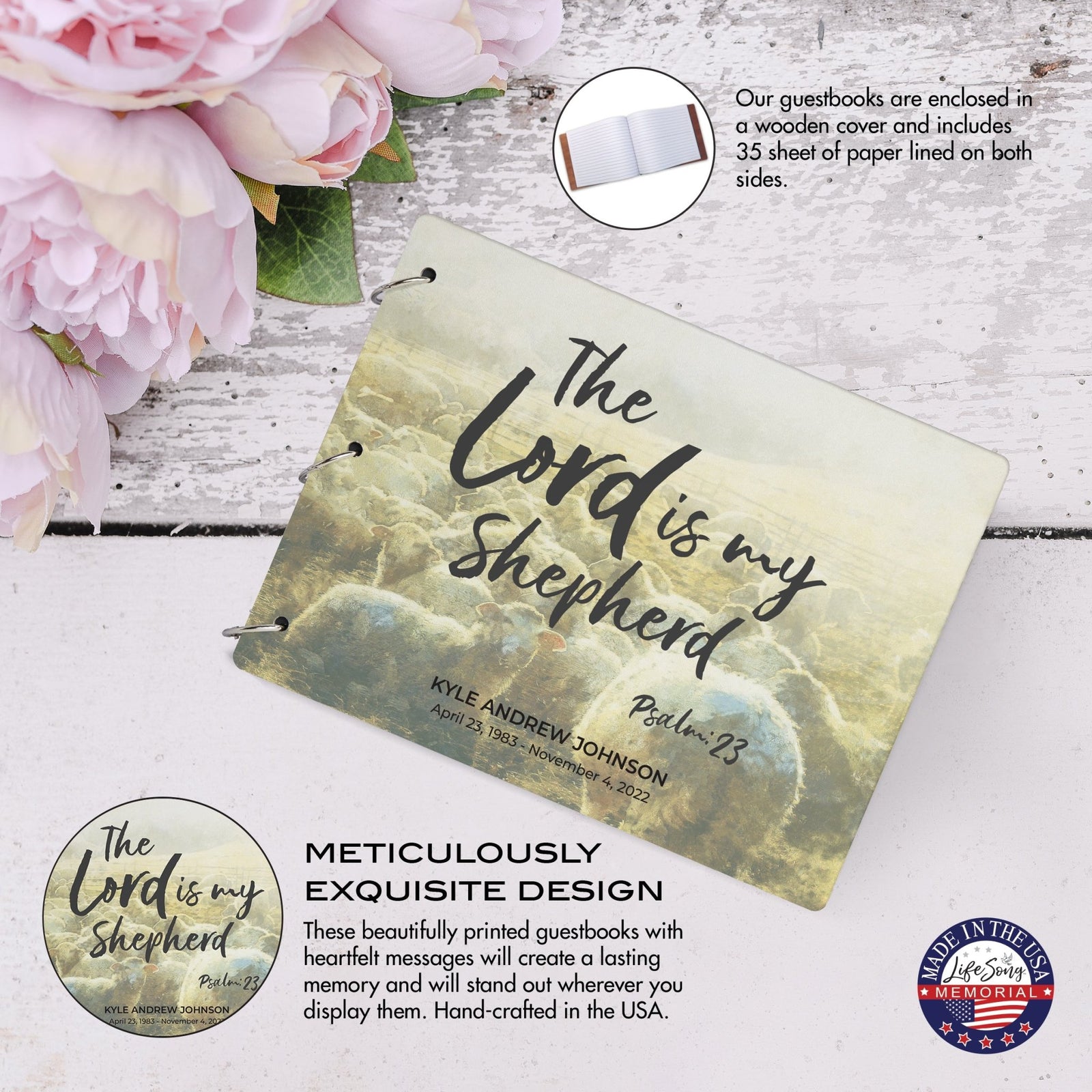 Personalized Celebration Of Life Funeral Guest Books For Memorial Services Registry With Wooden Cover - The Lord Is My Shepherd - LifeSong Milestones