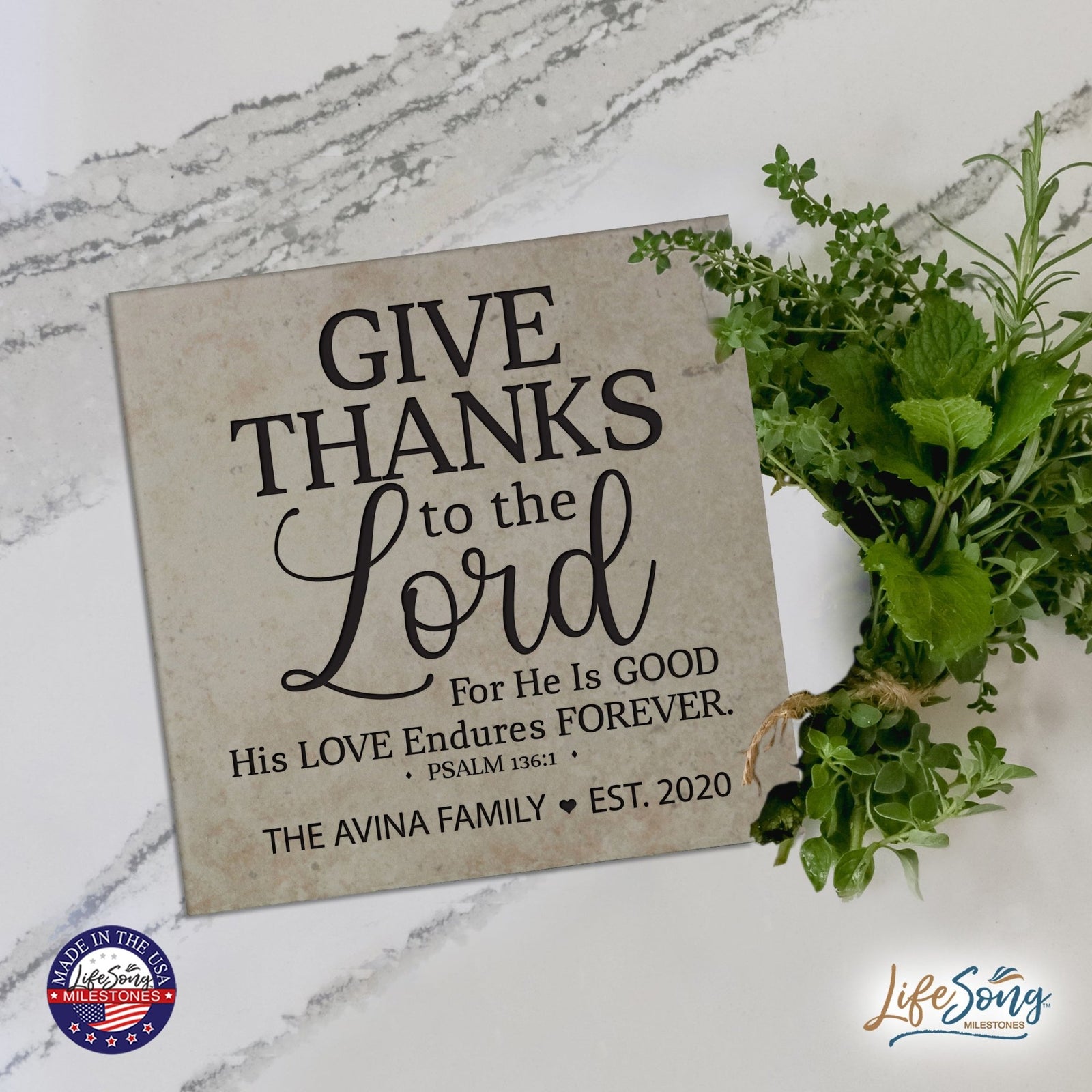 Personalized Ceramic Trivet with Inspirational verse 5.75in (Give Thanks) - LifeSong Milestones