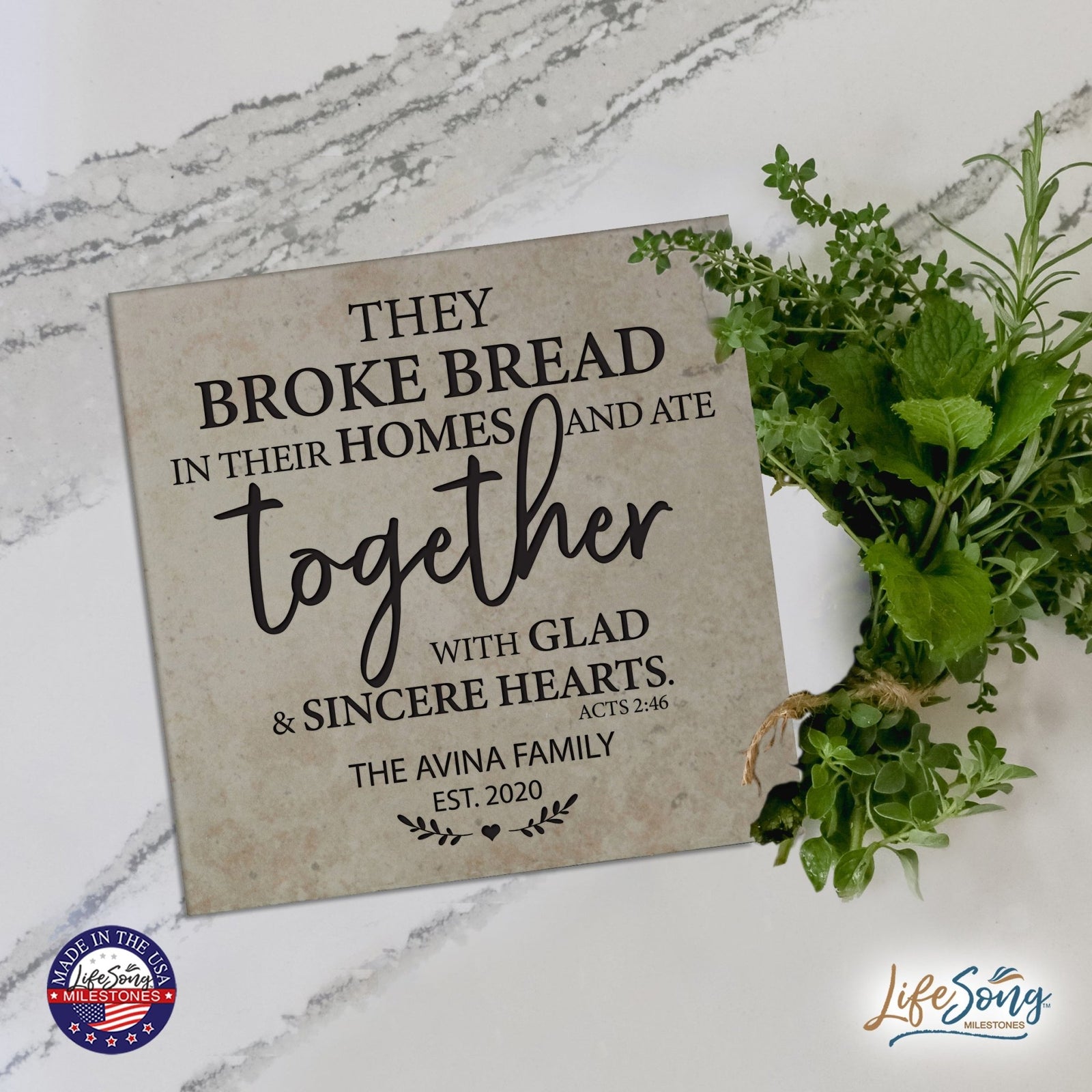 Personalized Ceramic Trivet with Inspirational verse 5.75in (They Broke Bread) - LifeSong Milestones
