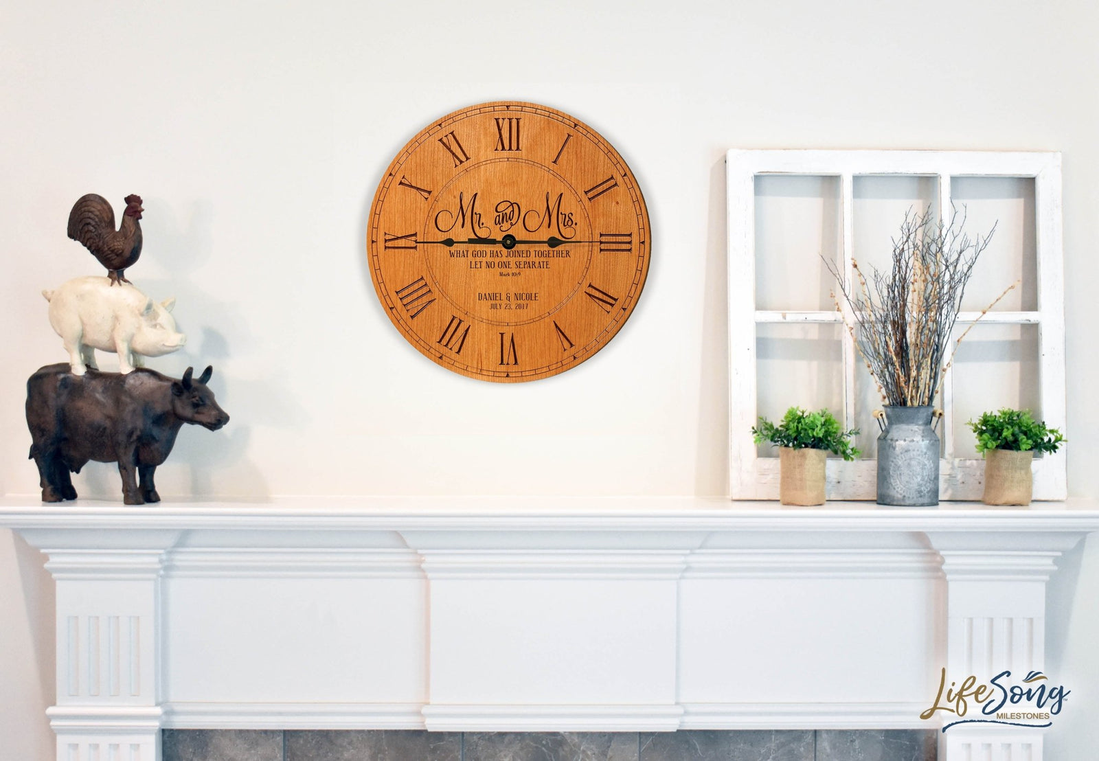 Personalized Cherry Wood Wedding Wall Clock - Mr And Mrs - LifeSong Milestones