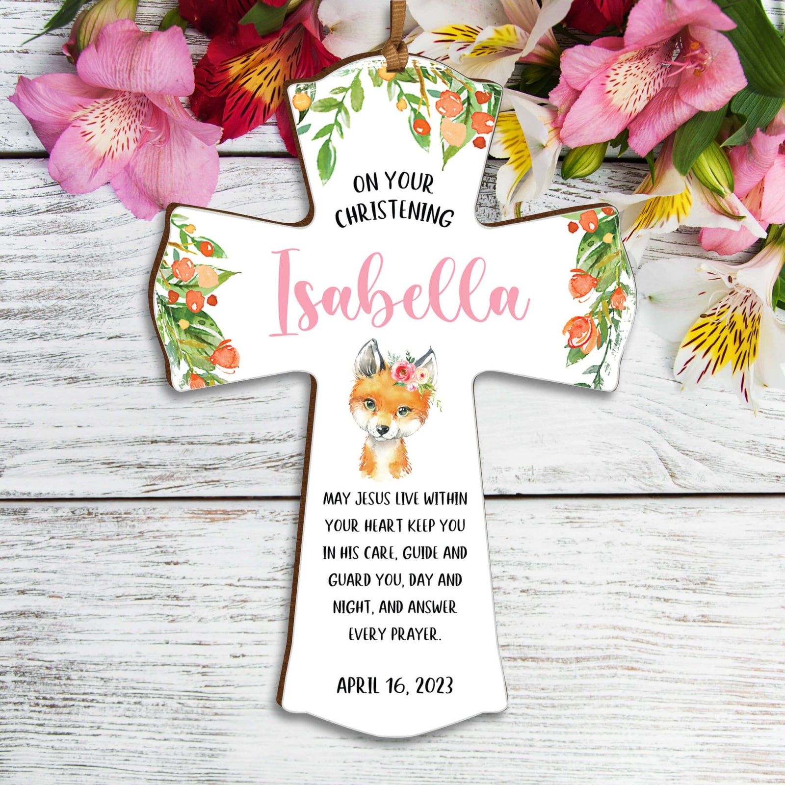 Personalized Christening Wooden Hanging Mini Cross - LifeSong Milestones
