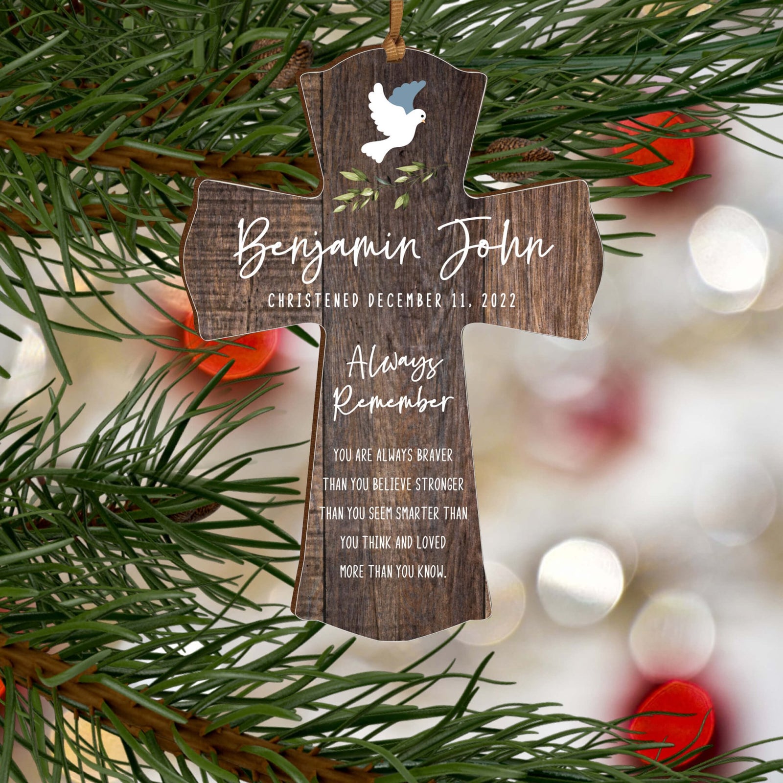 Personalized Christening Wooden Hanging Mini Cross - Always Remember - LifeSong Milestones