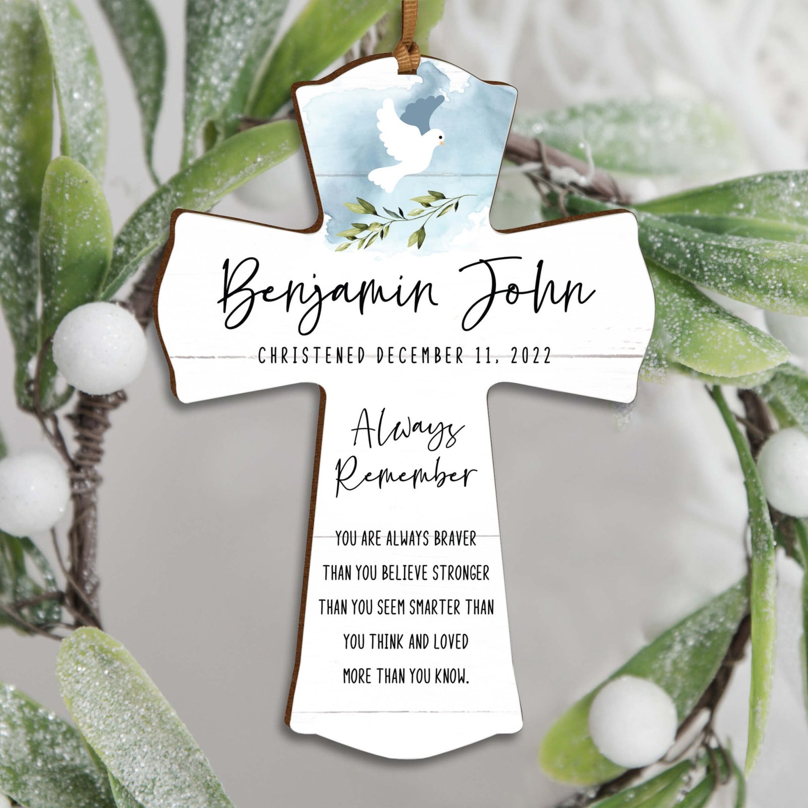 Personalized Christening Wooden Hanging Mini Cross - Always Remember - LifeSong Milestones
