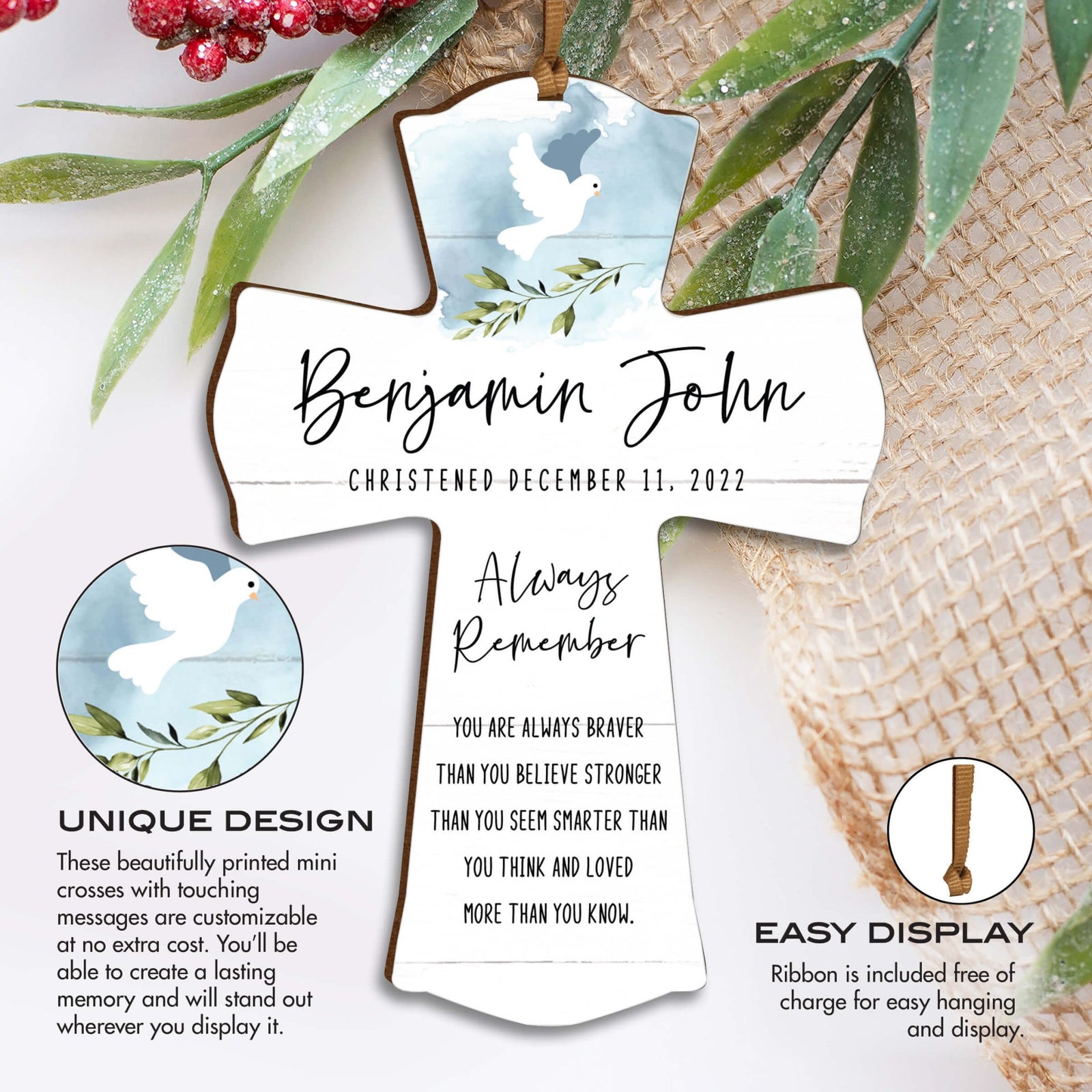Personalized Christening Wooden Hanging Mini Cross - Always Remember - LifeSong Milestones