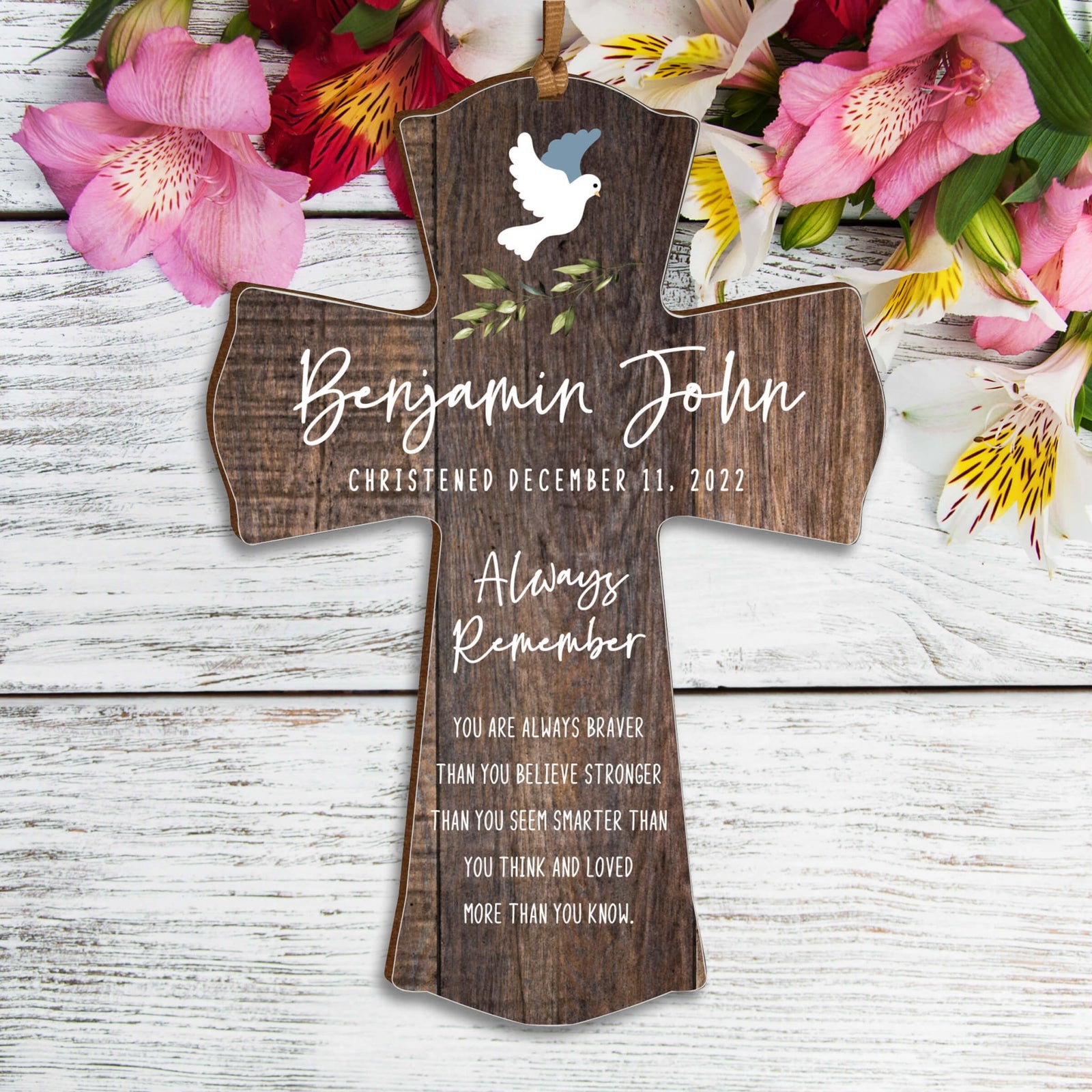 Personalized Christening Wooden Hanging Mini Cross - Always Remember - LifeSong Milestones