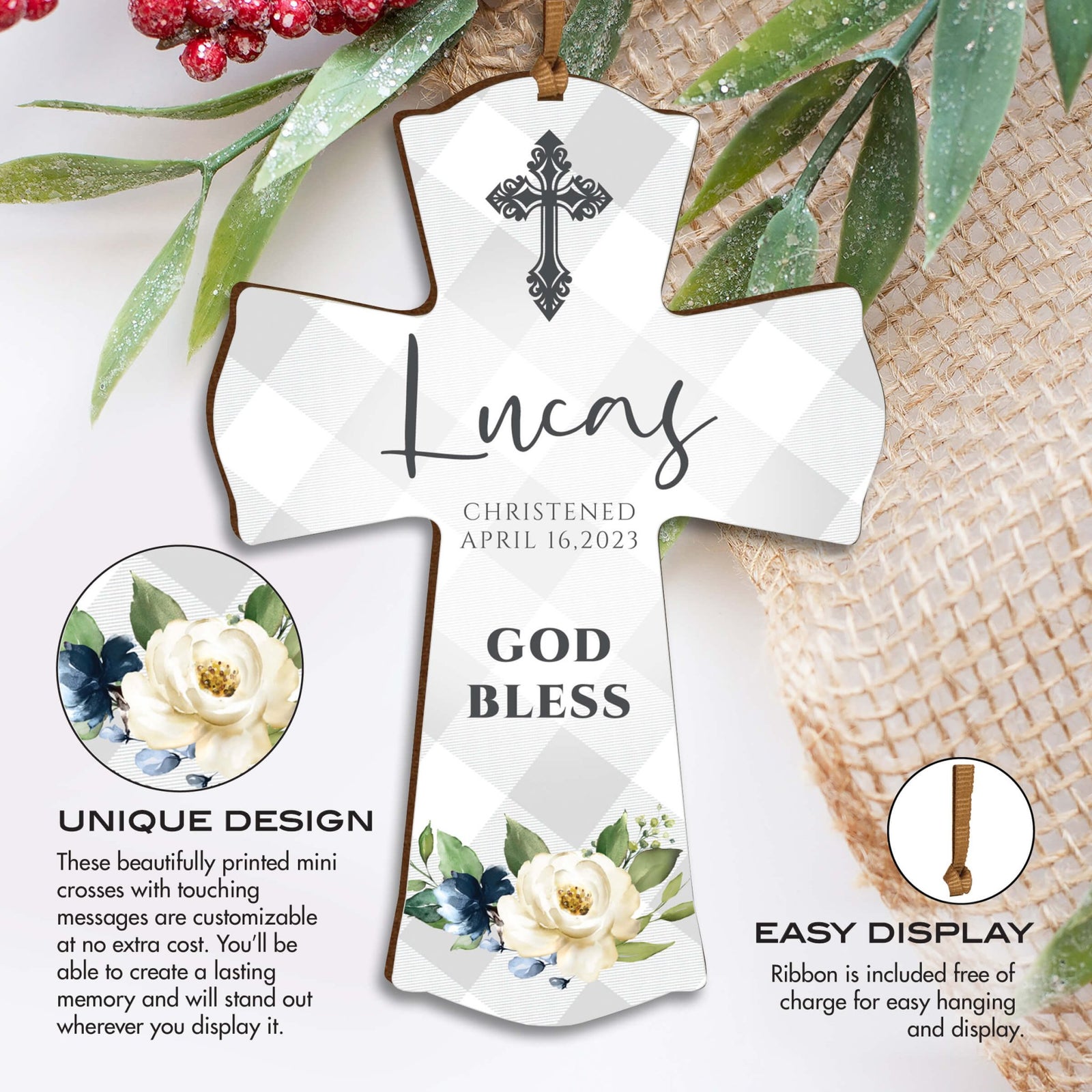 Personalized Christening Wooden Hanging Mini Cross - God Bless - LifeSong Milestones