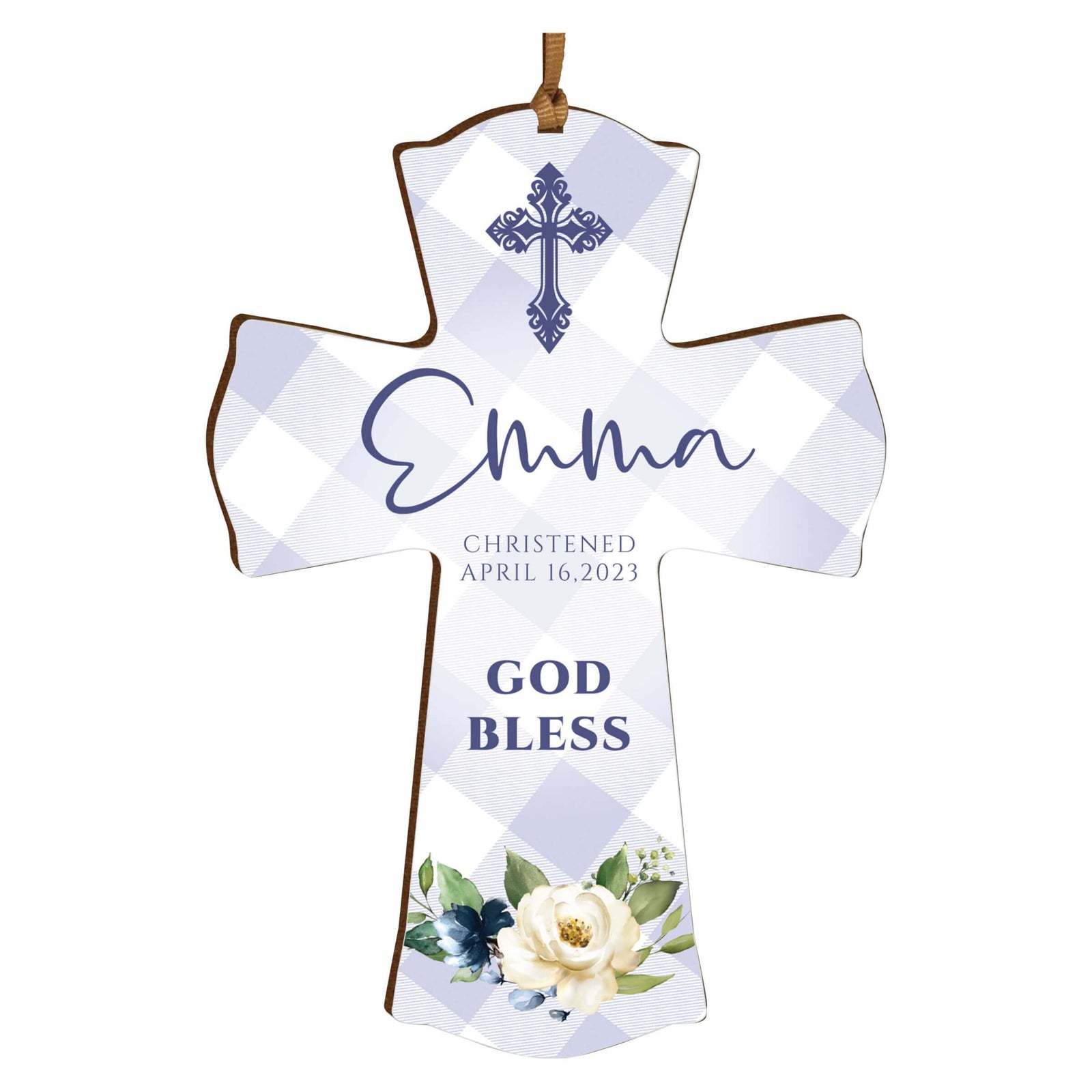 Personalized Christening Wooden Hanging Mini Cross - God Bless - LifeSong Milestones