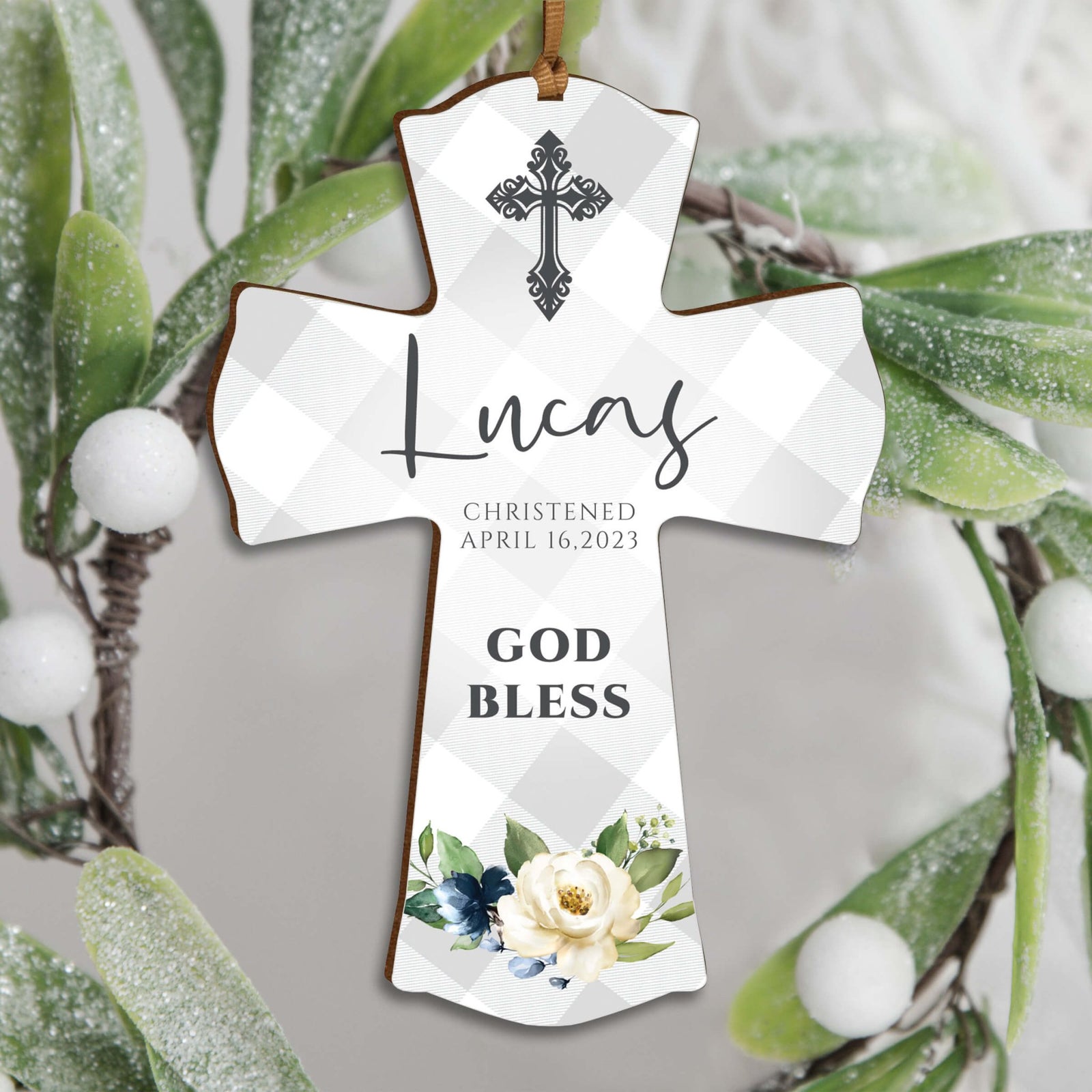 Personalized Christening Wooden Hanging Mini Cross - God Bless - LifeSong Milestones
