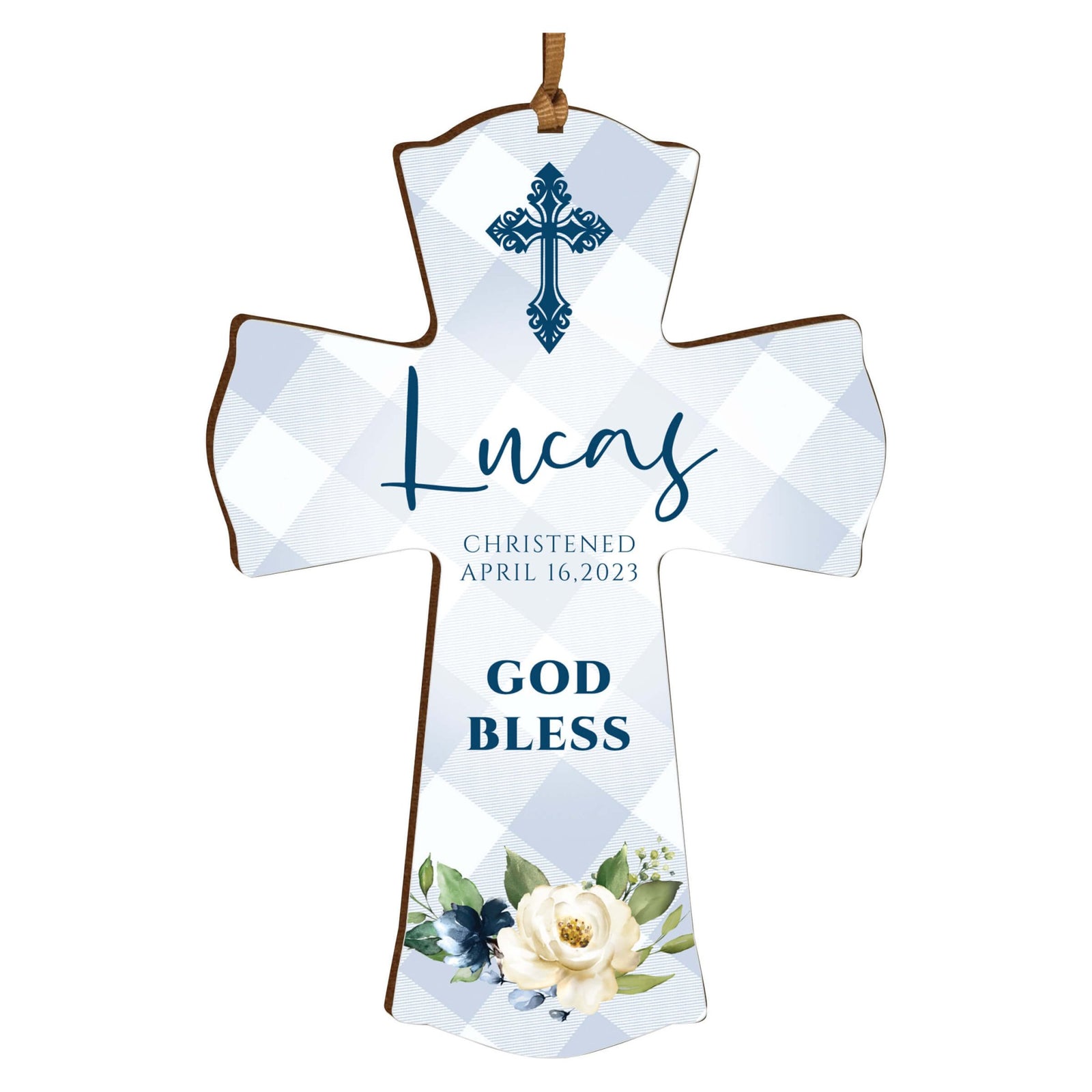 Personalized Christening Wooden Hanging Mini Cross - God Bless - LifeSong Milestones