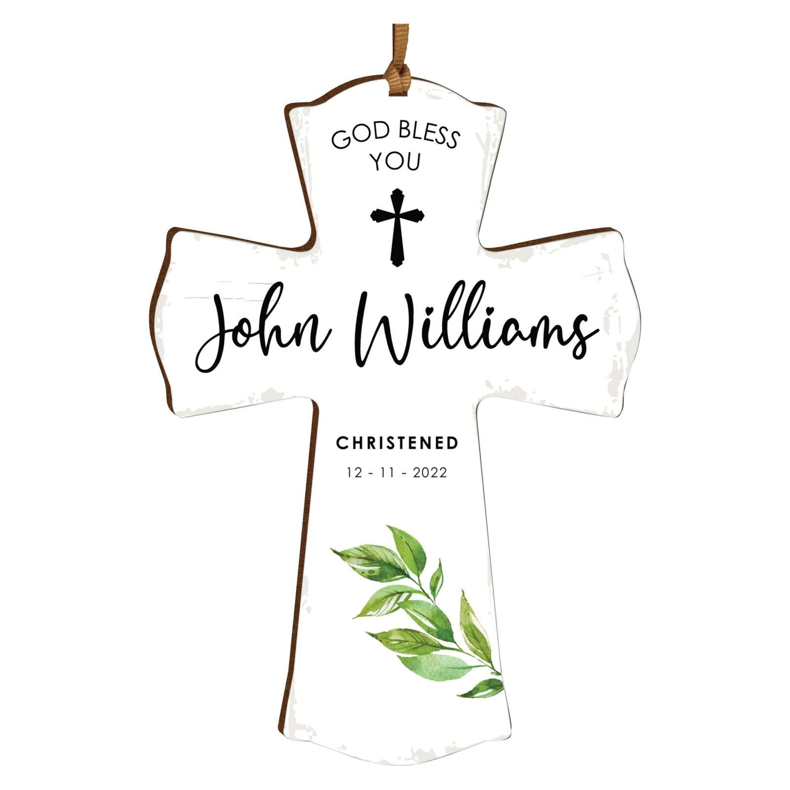Personalized Christening Wooden Hanging Mini Cross - God Bless You - LifeSong Milestones