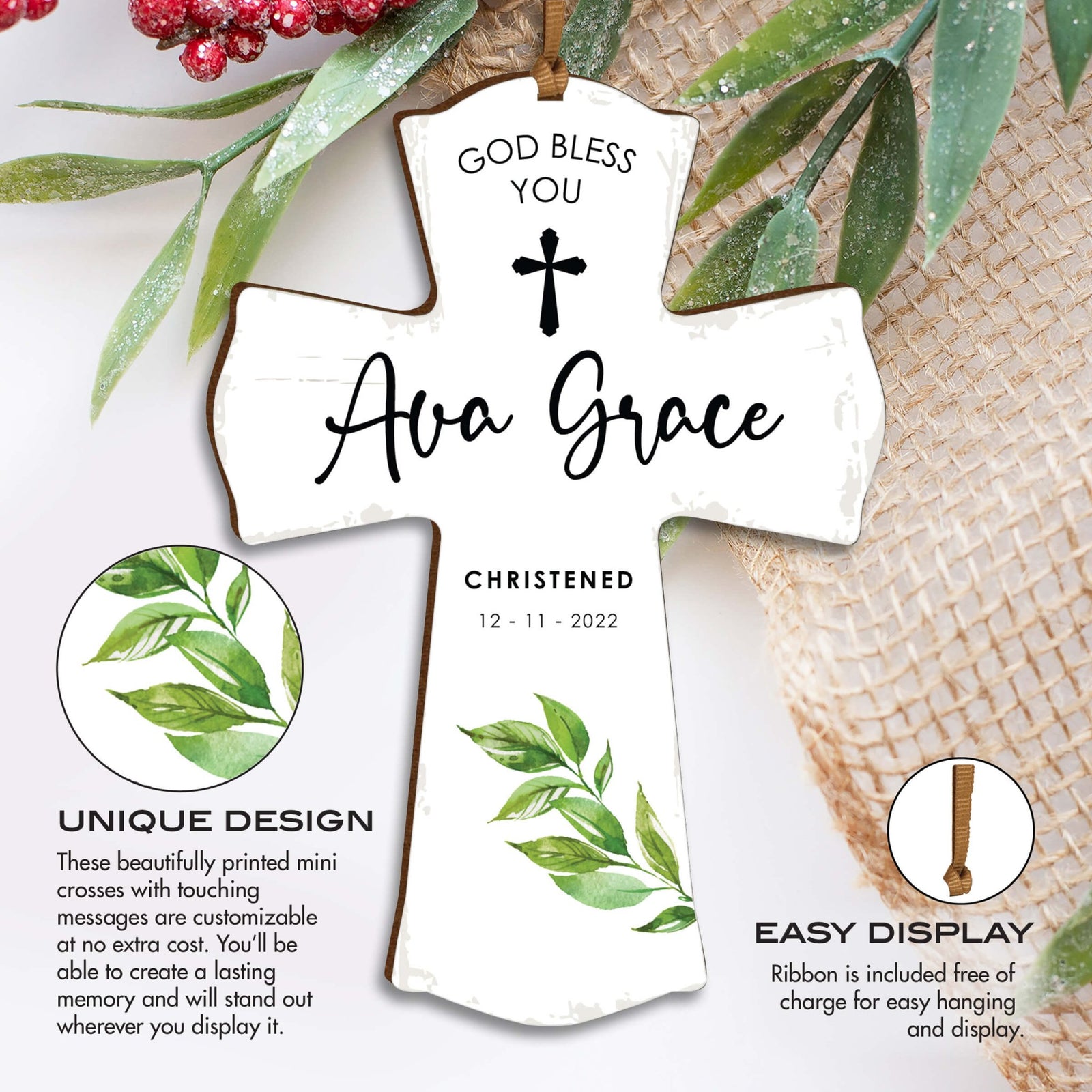 Personalized Christening Wooden Hanging Mini Cross - God Bless You - LifeSong Milestones