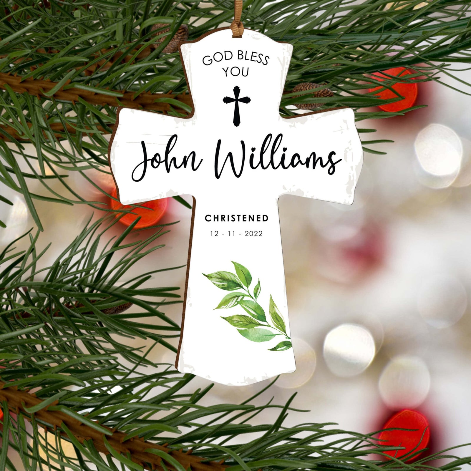 Personalized Christening Wooden Hanging Mini Cross - God Bless You - LifeSong Milestones