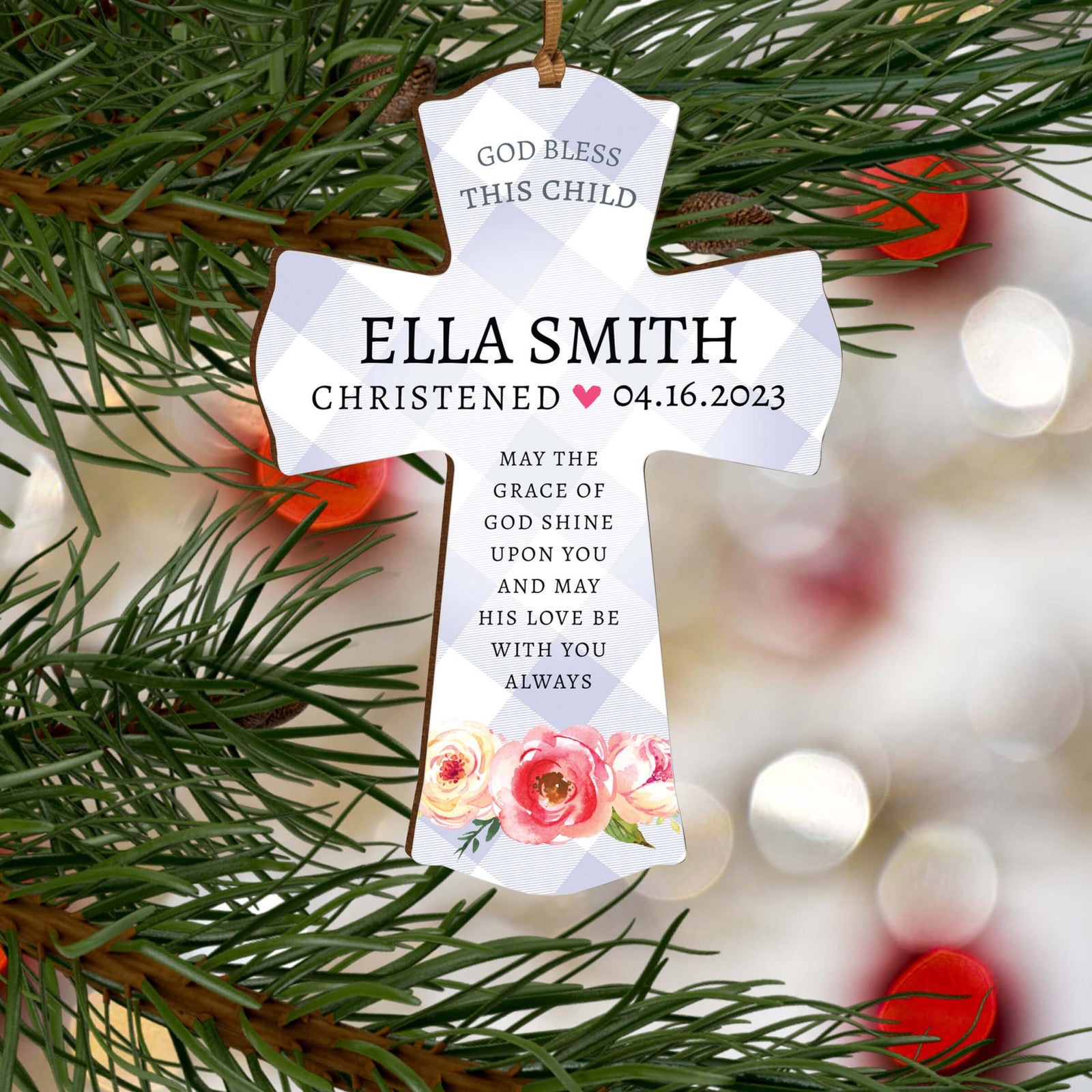 Personalized Christening Wooden Hanging Mini Cross - May The Grace - LifeSong Milestones