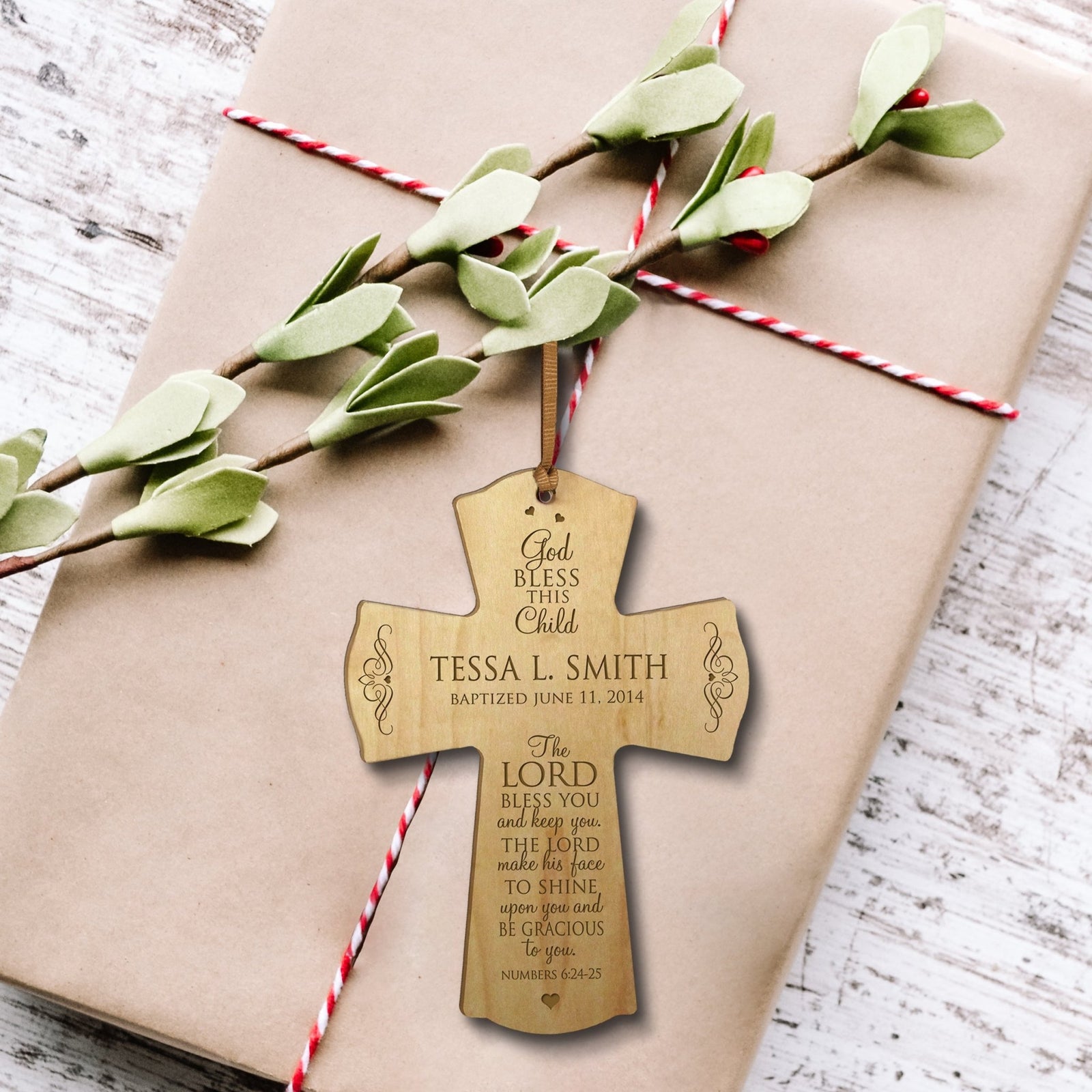 Personalized Christening Wooden Hanging Wall Cross - The Lord Bless You - LifeSong Milestones