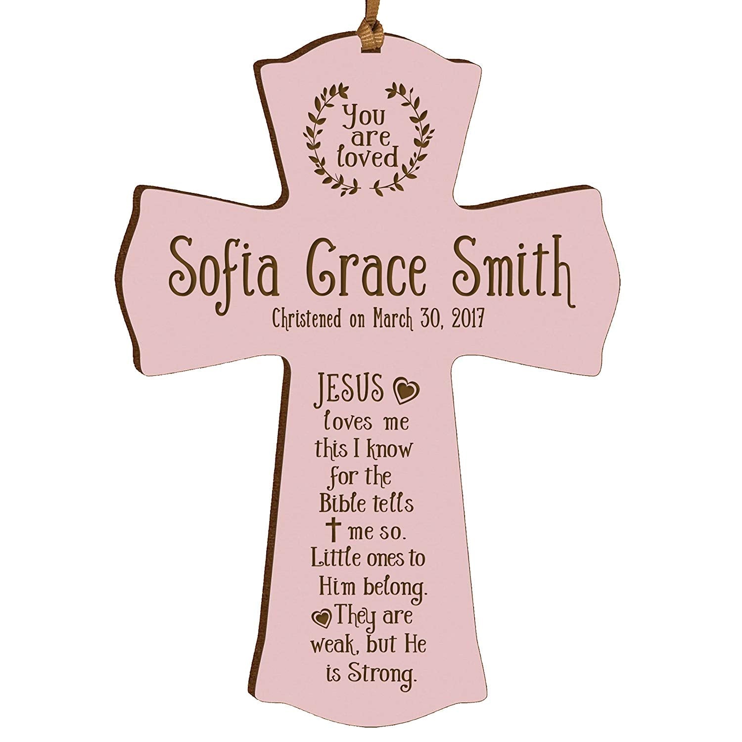 Personalized Christening Wooden Mini Cross Ornament - Jesus Loves Me - LifeSong Milestones