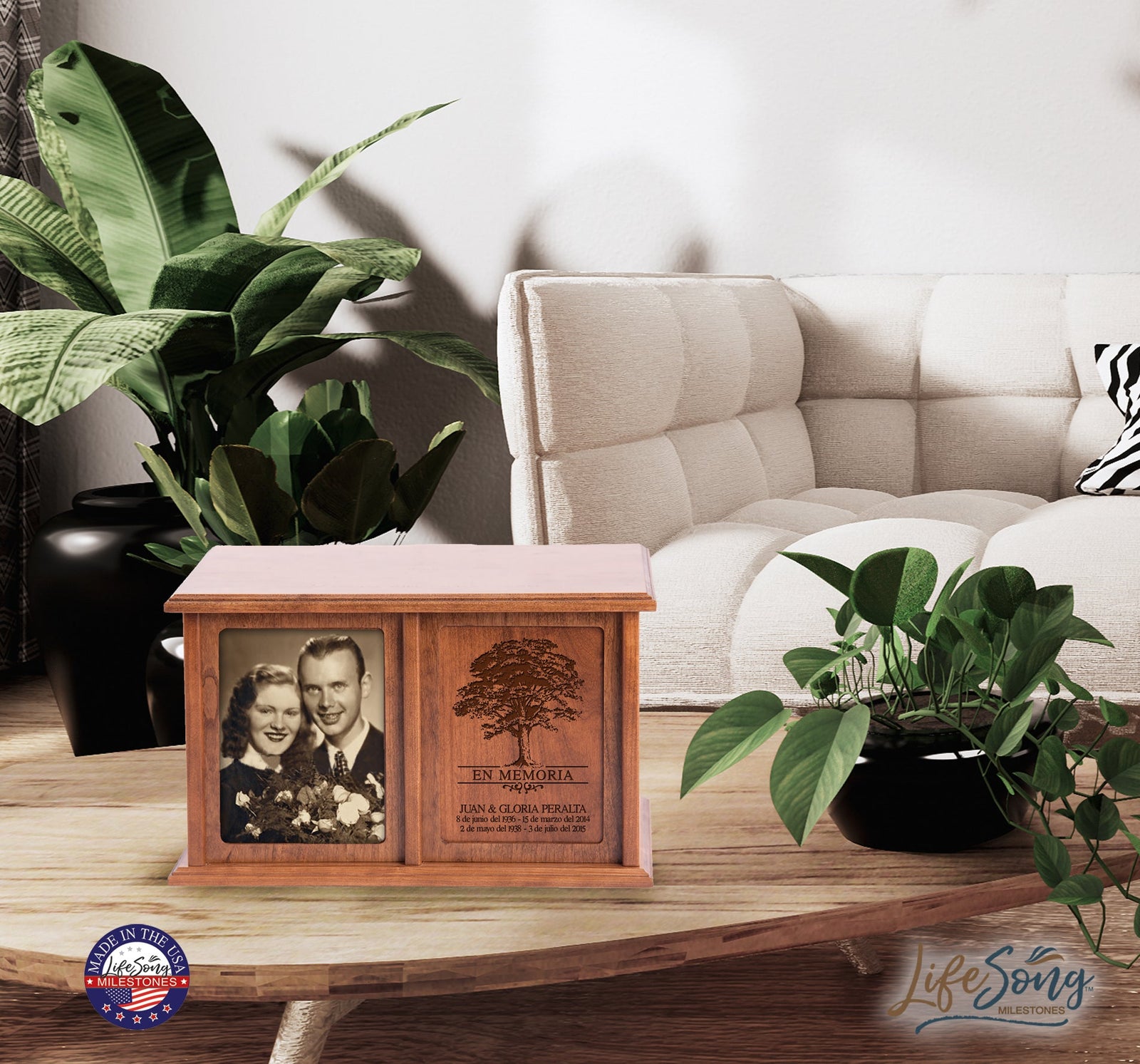 A beautifully crafted wooden cremation companion urn designed for two adults’ ashes. The urn features an elegant photo frame and an engraved heartfelt memorial message, making it a decorative urn and a timeless keepsake for honoring loved ones.