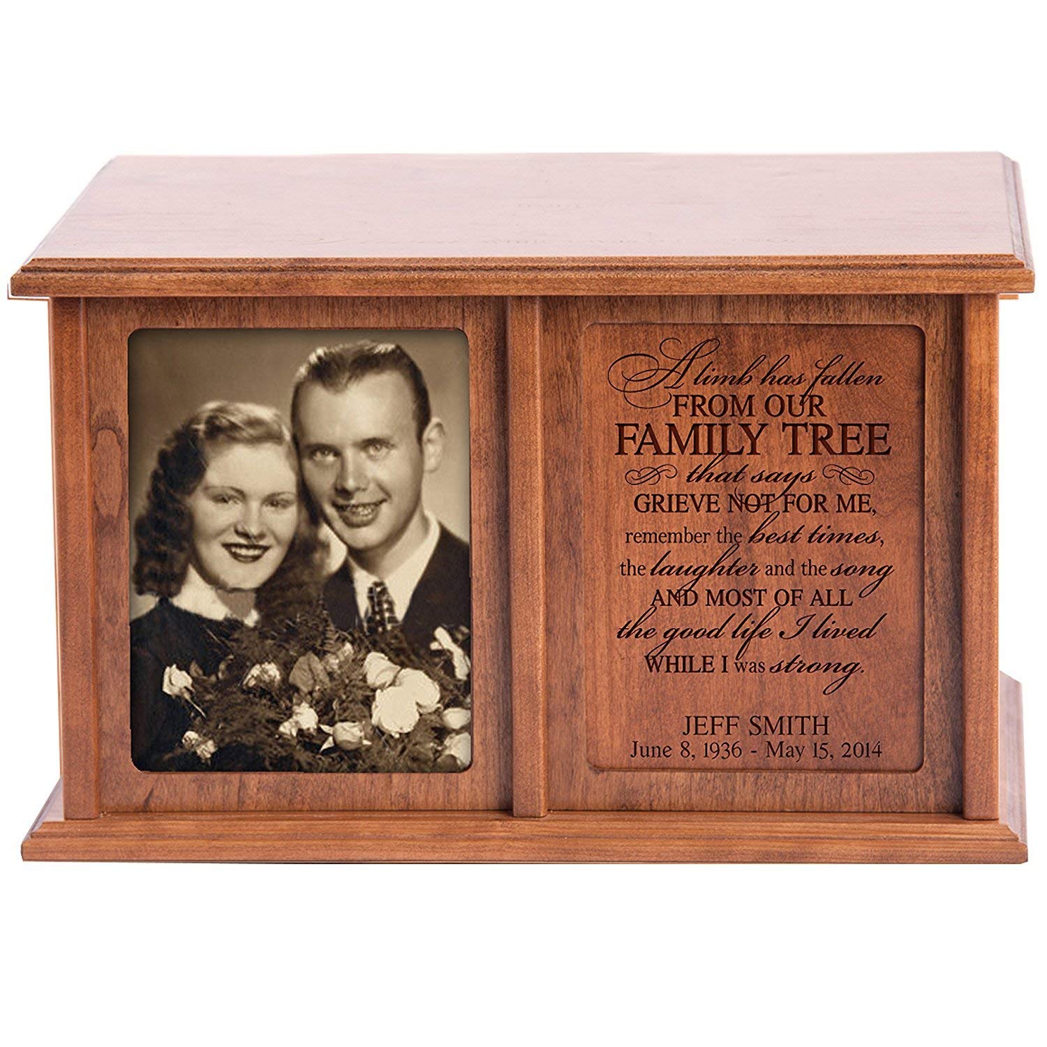 A wooden double urn for two sets of ashes, personalized with a classic design featuring a framed photo on the left and a blank panel on the right for customization. This decorative urn is ideal for preserving memories of loved ones with dignity and care.