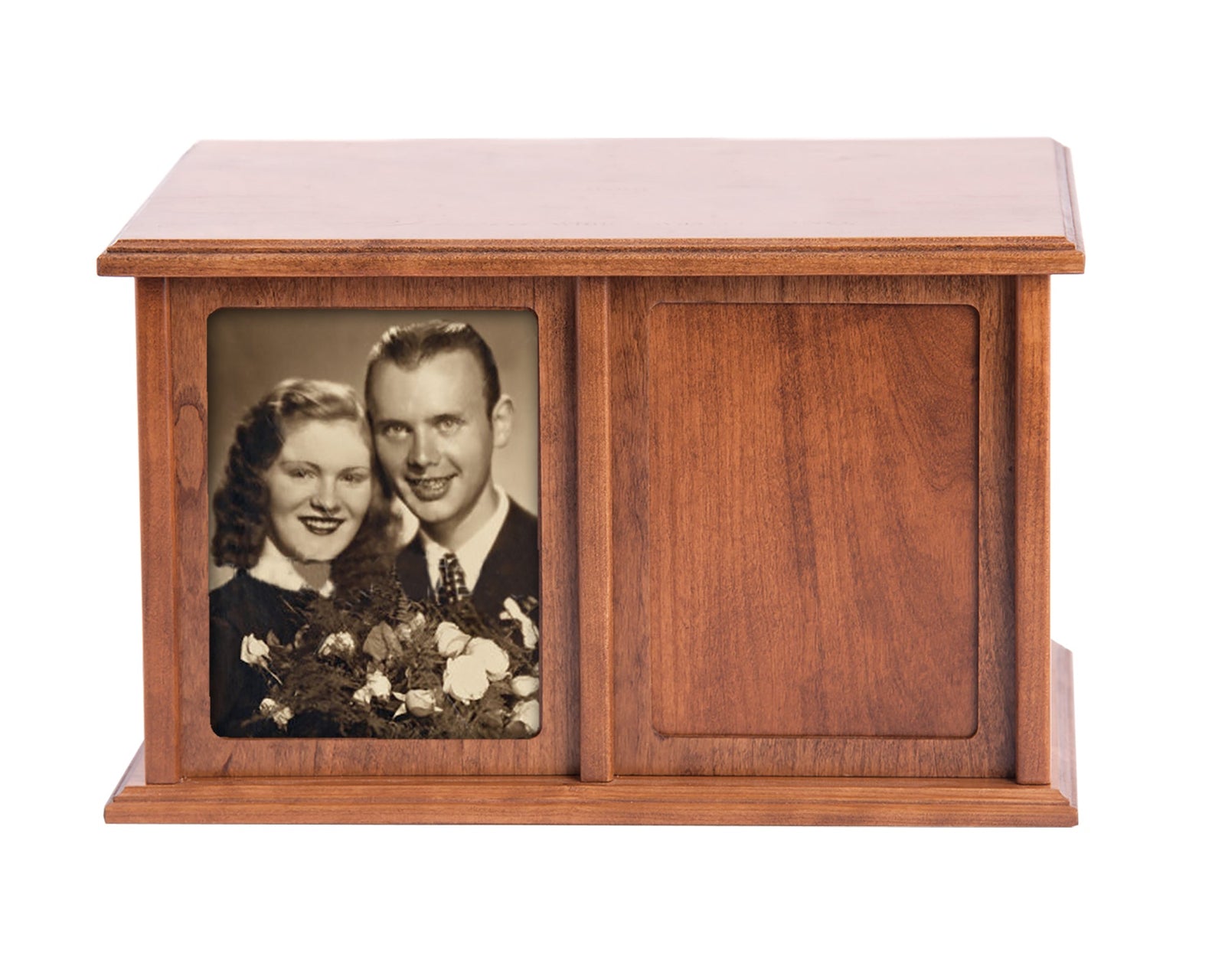 A wooden double urn for two sets of ashes, personalized with a classic design featuring a framed photo on the left and a blank panel on the right for customization. This decorative urn is ideal for preserving memories of loved ones with dignity and care.
