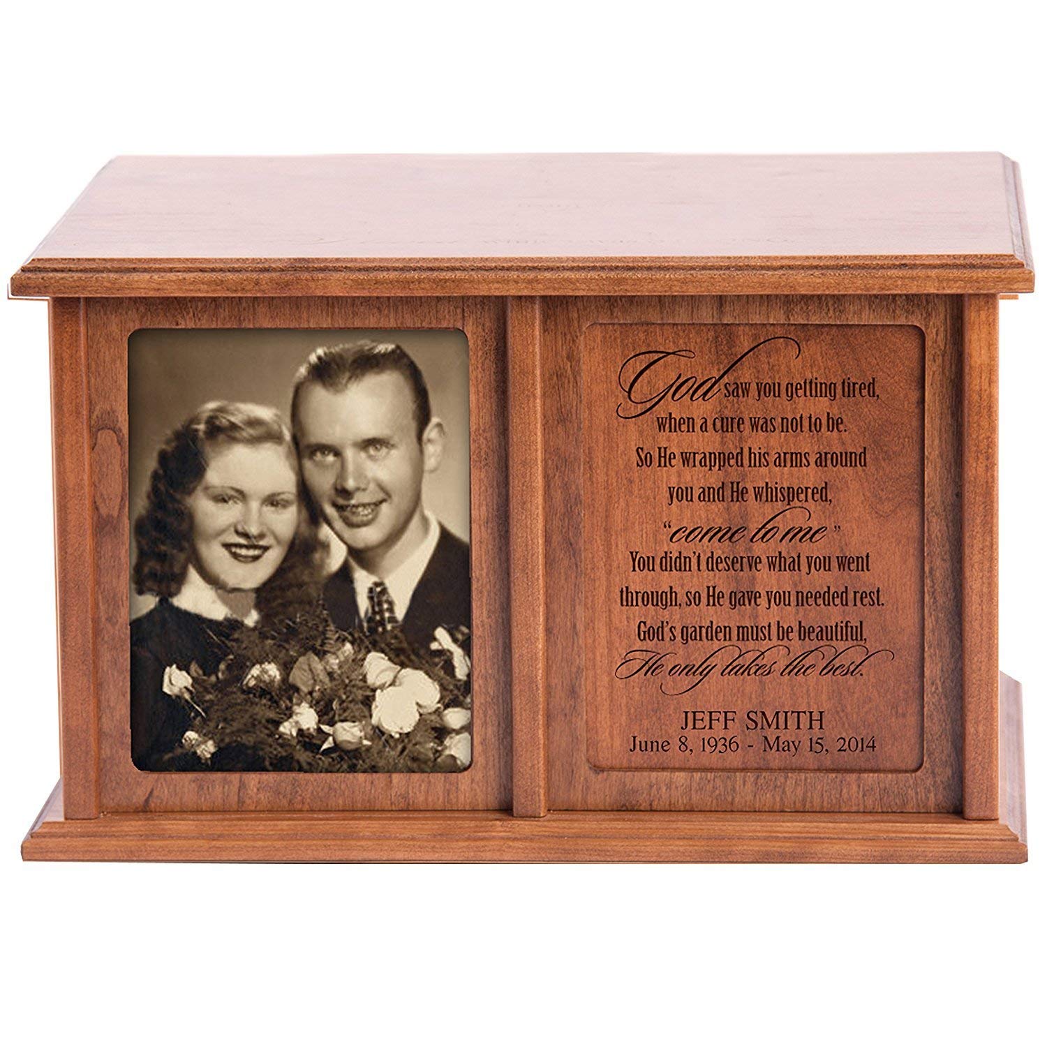 Various wooden urns for ashes including custom, engraved, and personalized options, suitable for funeral memorials and as keepsakes