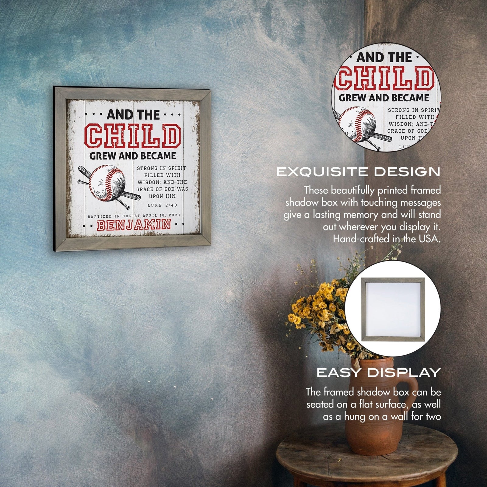Personalized Elegant Baseball Framed Shadow Box Shelf Décor With Inspiring Bible Verses - And The Child Grew - LifeSong Milestones