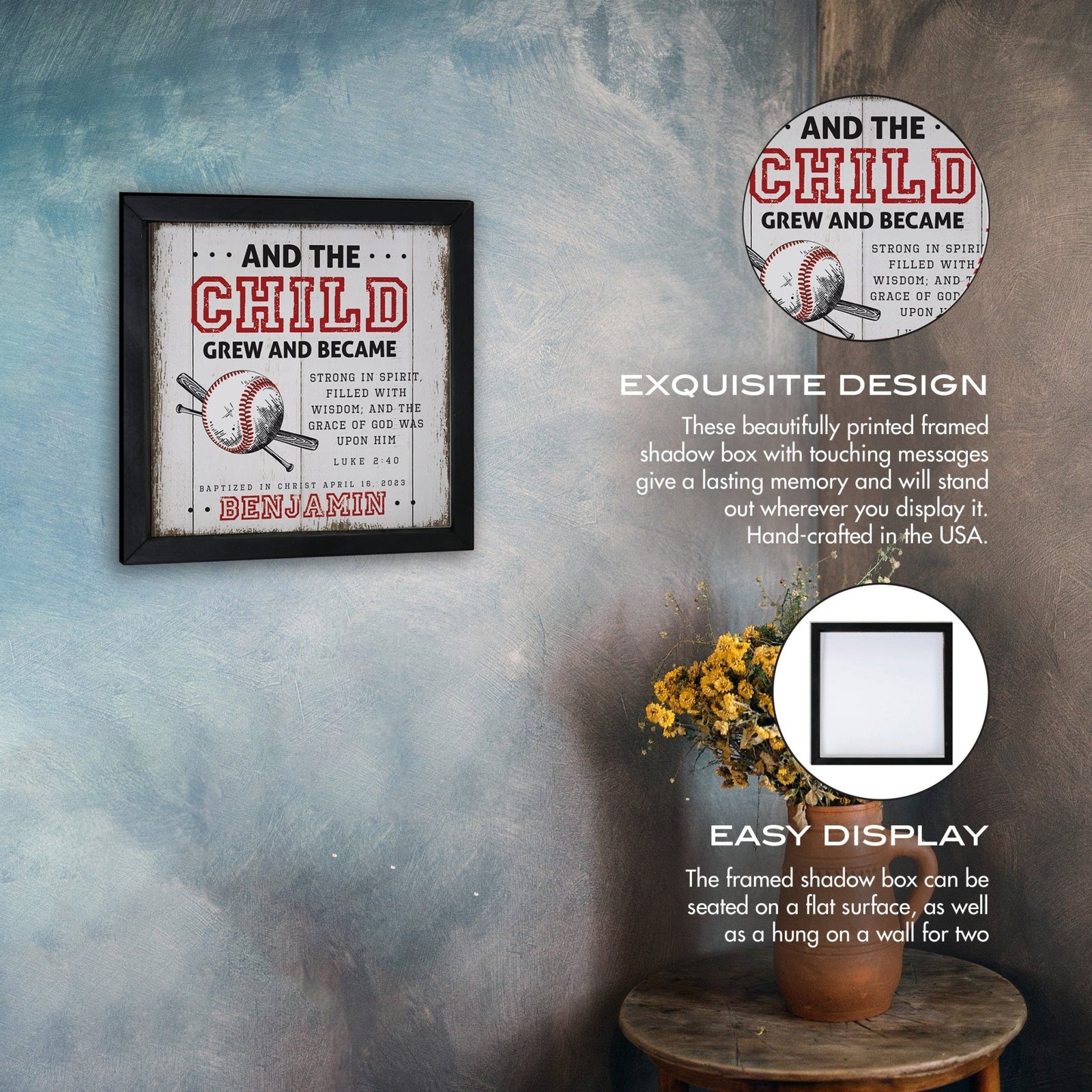 Personalized Elegant Baseball Framed Shadow Box Shelf Décor With Inspiring Bible Verses - And The Child Grew - LifeSong Milestones