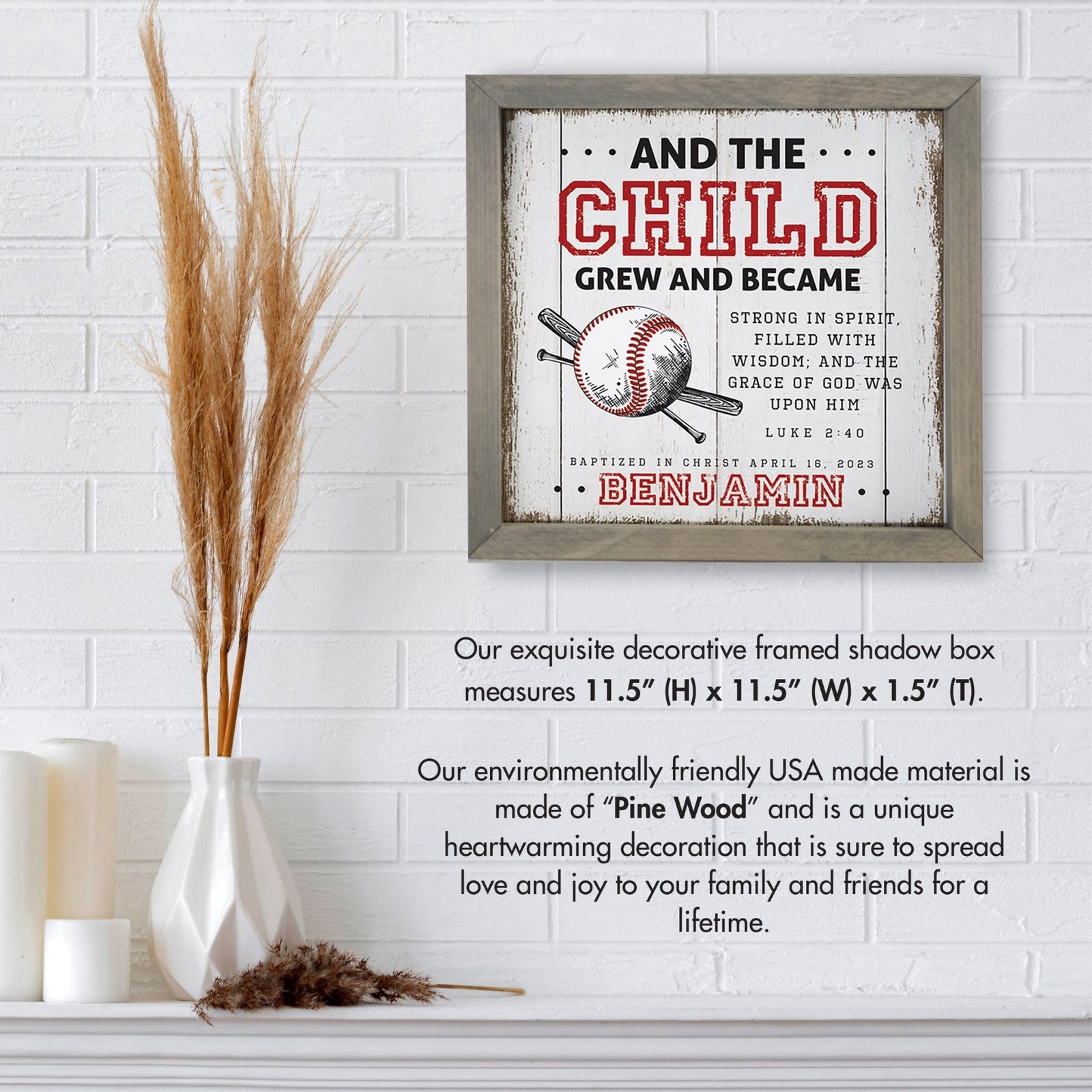 Personalized Elegant Baseball Framed Shadow Box Shelf Décor With Inspiring Bible Verses - And The Child Grew - LifeSong Milestones