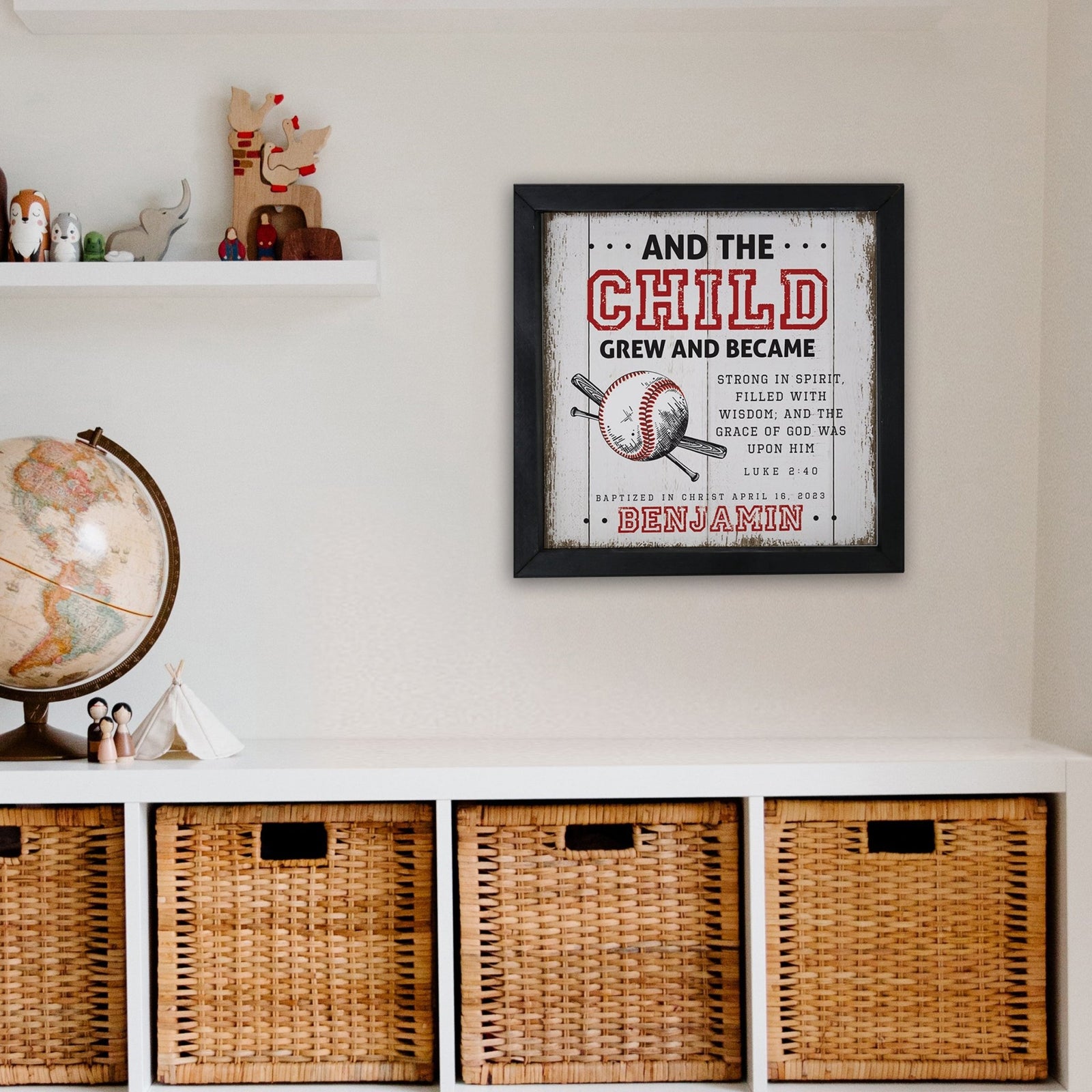 Personalized Elegant Baseball Framed Shadow Box Shelf Décor With Inspiring Bible Verses - And The Child Grew - LifeSong Milestones