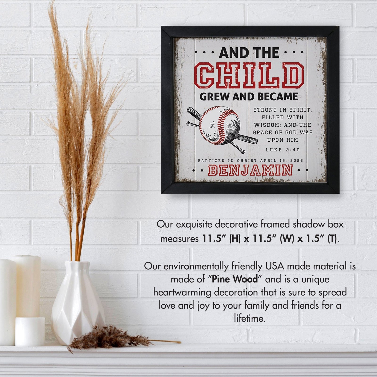 Personalized Elegant Baseball Framed Shadow Box Shelf Décor With Inspiring Bible Verses - And The Child Grew - LifeSong Milestones