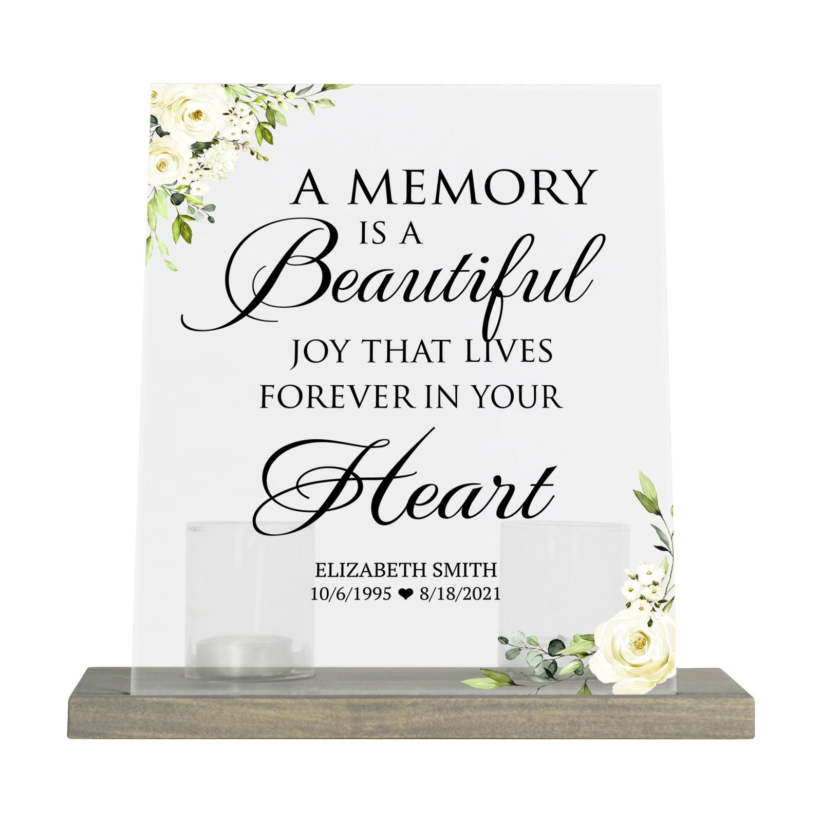 Personalized Elegant Human Memorial Acrylic Sign With Grey Wooden Base - A Memory Is Flower - LifeSong Milestones
