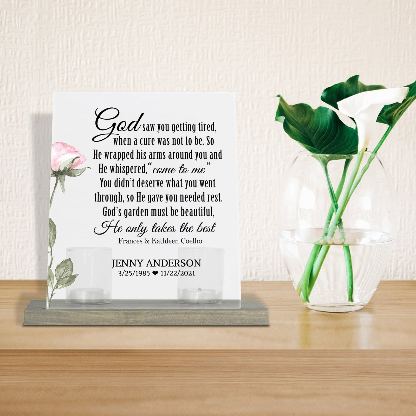 Personalized Elegant Human Memorial Acrylic Sign With Grey Wooden Base - God Saw You - LifeSong Milestones