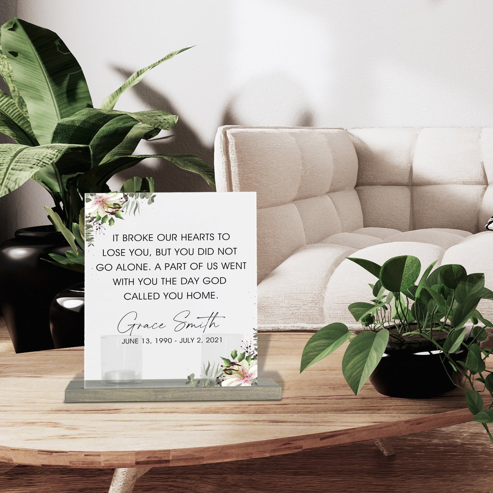 Personalized Elegant Human Memorial Acrylic Sign With Grey Wooden Base - If Broke Our - LifeSong Milestones
