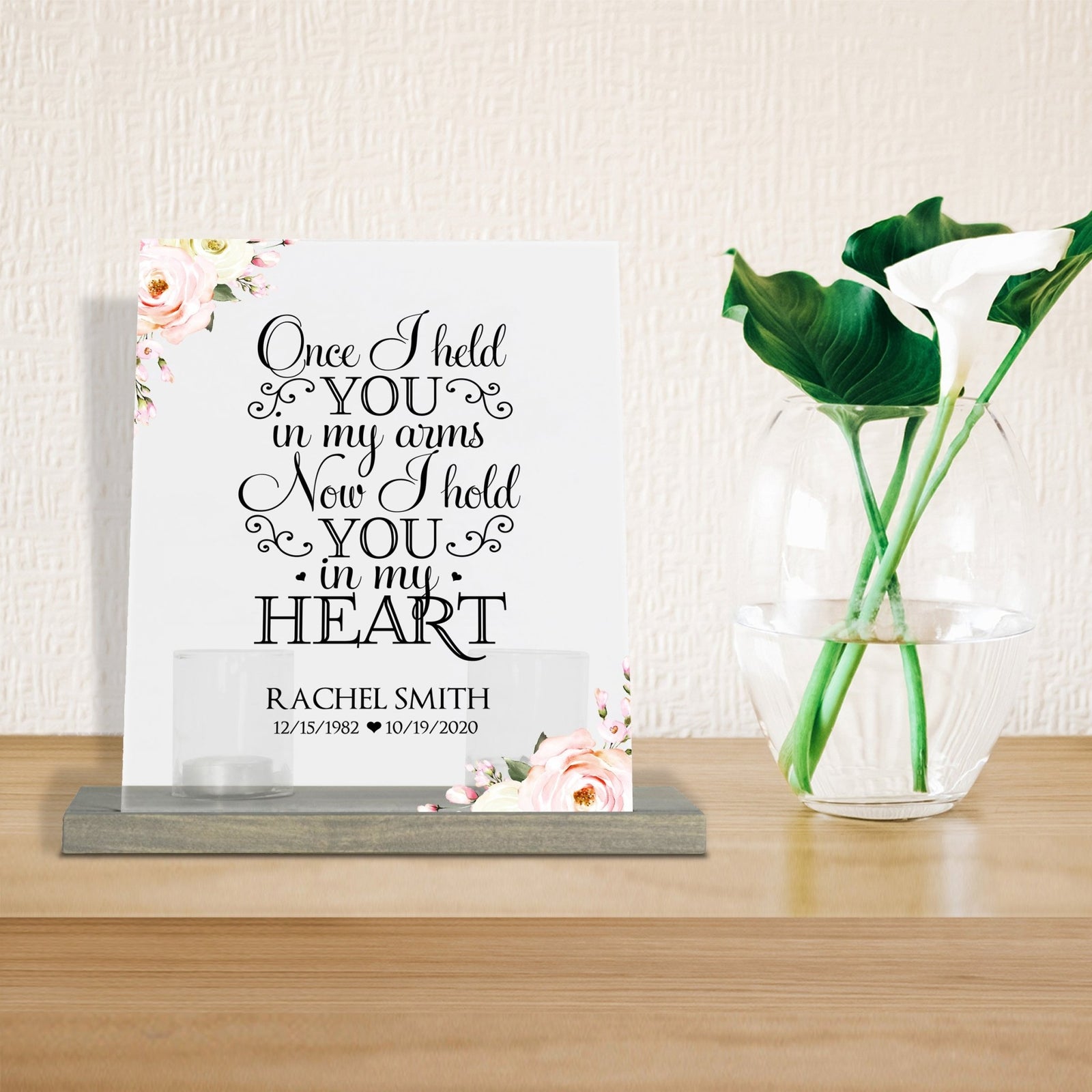 Personalized Elegant Human Memorial Acrylic Sign With Grey Wooden Base - Once I held - LifeSong Milestones
