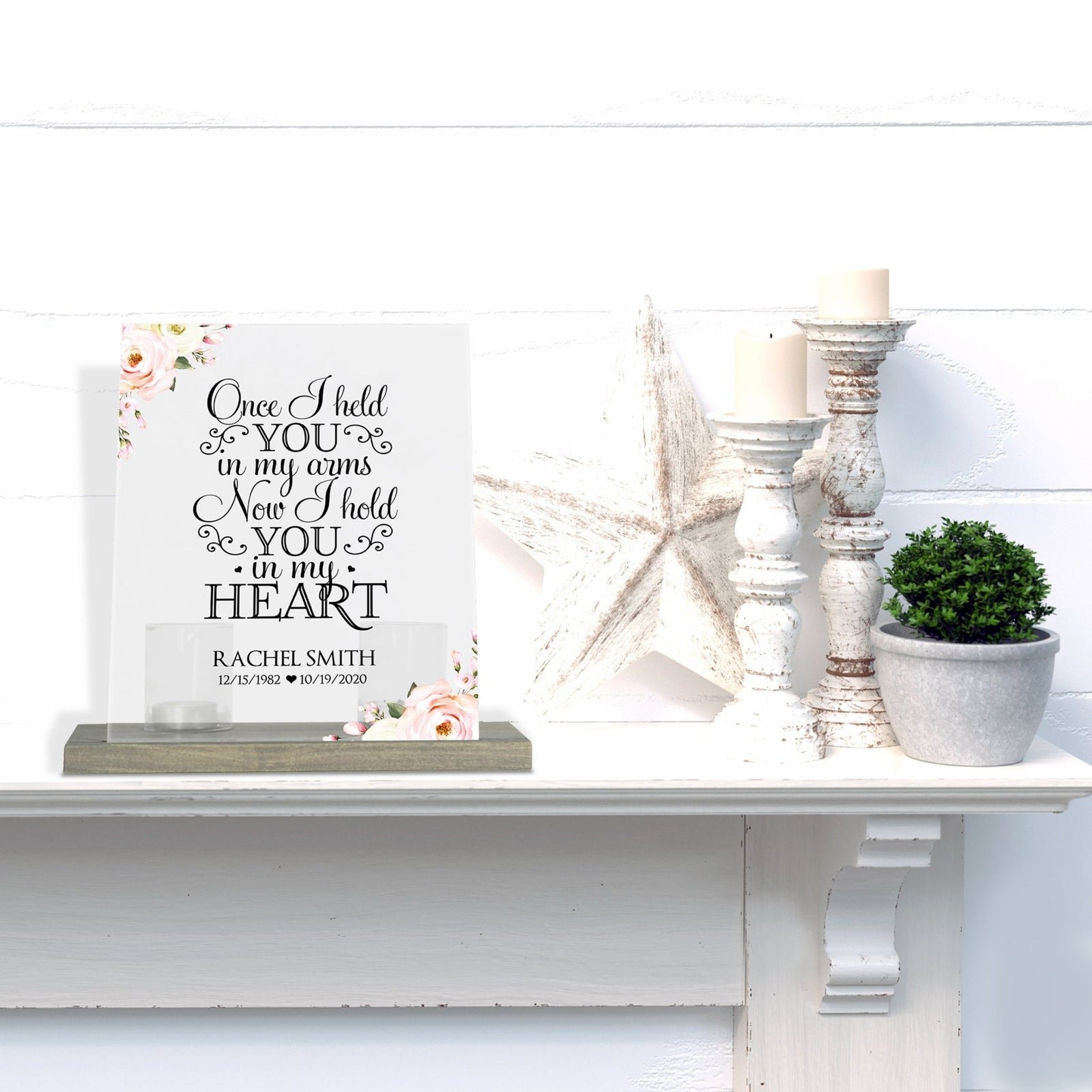 Personalized Elegant Human Memorial Acrylic Sign With Grey Wooden Base - Once I held - LifeSong Milestones