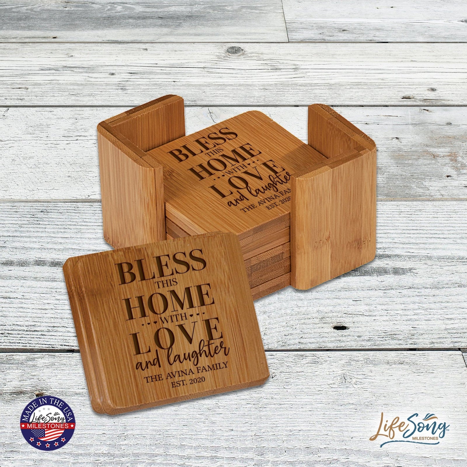 Personalized Family Home 6pc Solid Bamboo Coaster Set With Holder 4.5x4.5 – Bless This Home - LifeSong Milestones